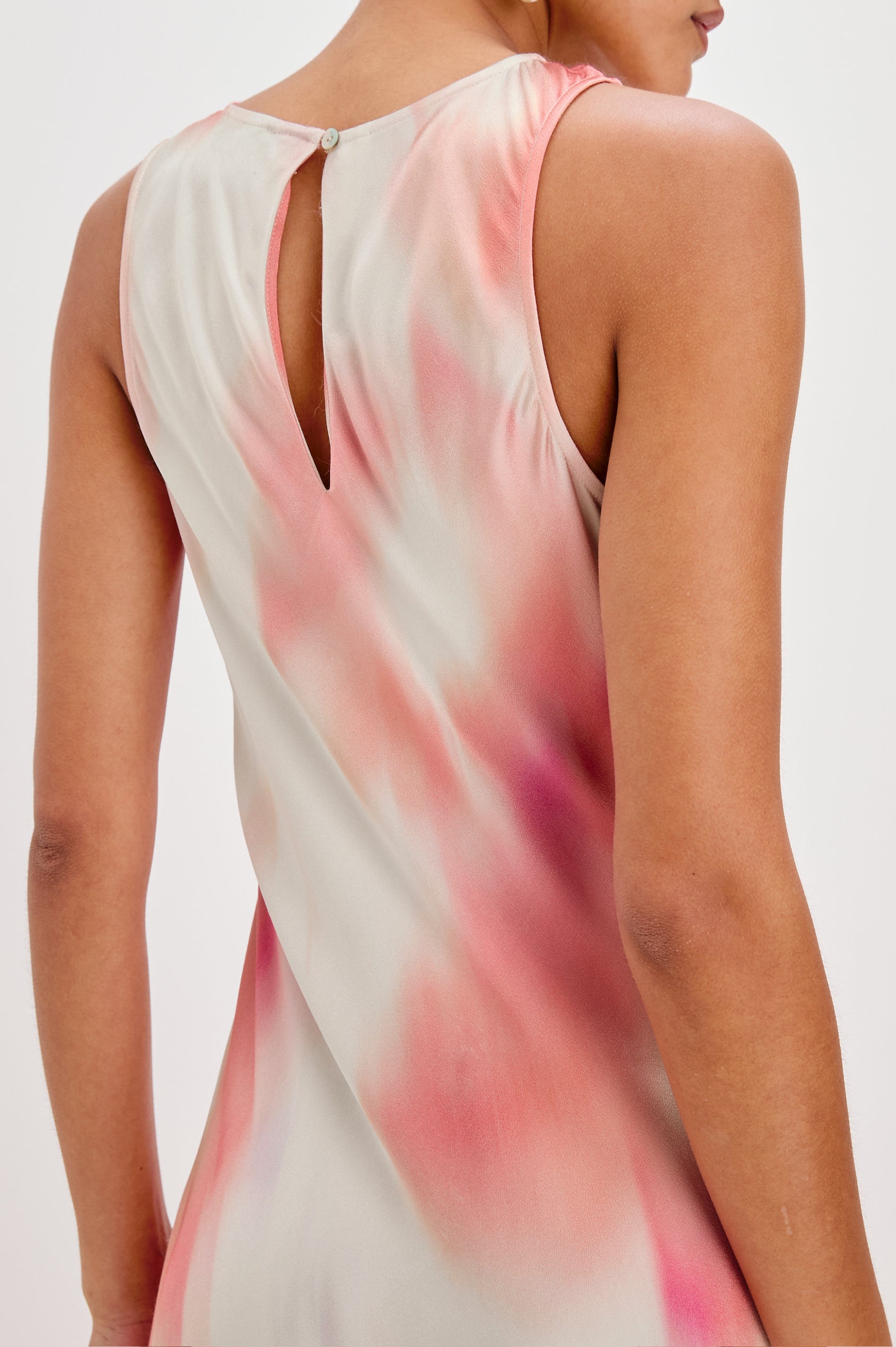 Gabriella Midi Sleeveless Dress with One Side Curved Drawstring Detail and Front Slit in Cherry Blossom Colorway. Back Detailed View Shown on Model.