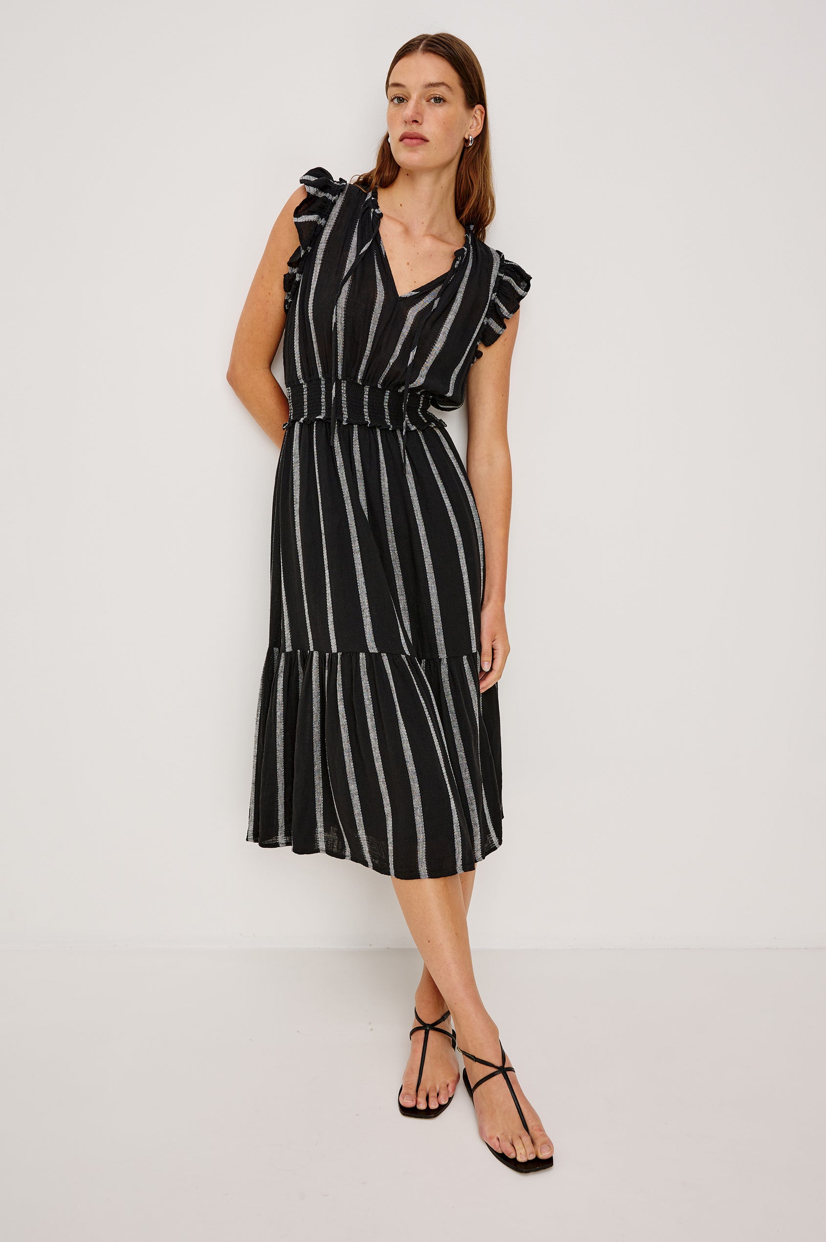 Garden Midi Dress with Flutter Cap Sleeves, Drawstrings at V-Neck and Shirred Waistband in Ash Leno Stripe Colorway, with Grey Vertical Stripes on Black - Front Full Body View Featured on Model
