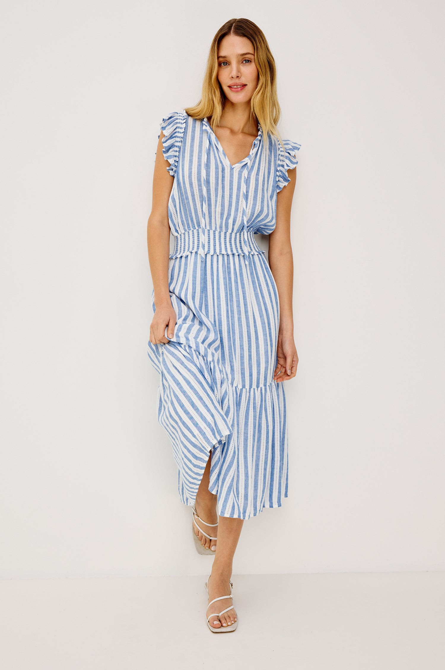Garden Peasant Midi Dress in Linen With Ruffle Flutter Sleeves, Center Front Ties, V-Neckline, Shirred Waist, and Relaxed Fit in Atlantis Stripe Colorway - Full Body Front View Featured on Model