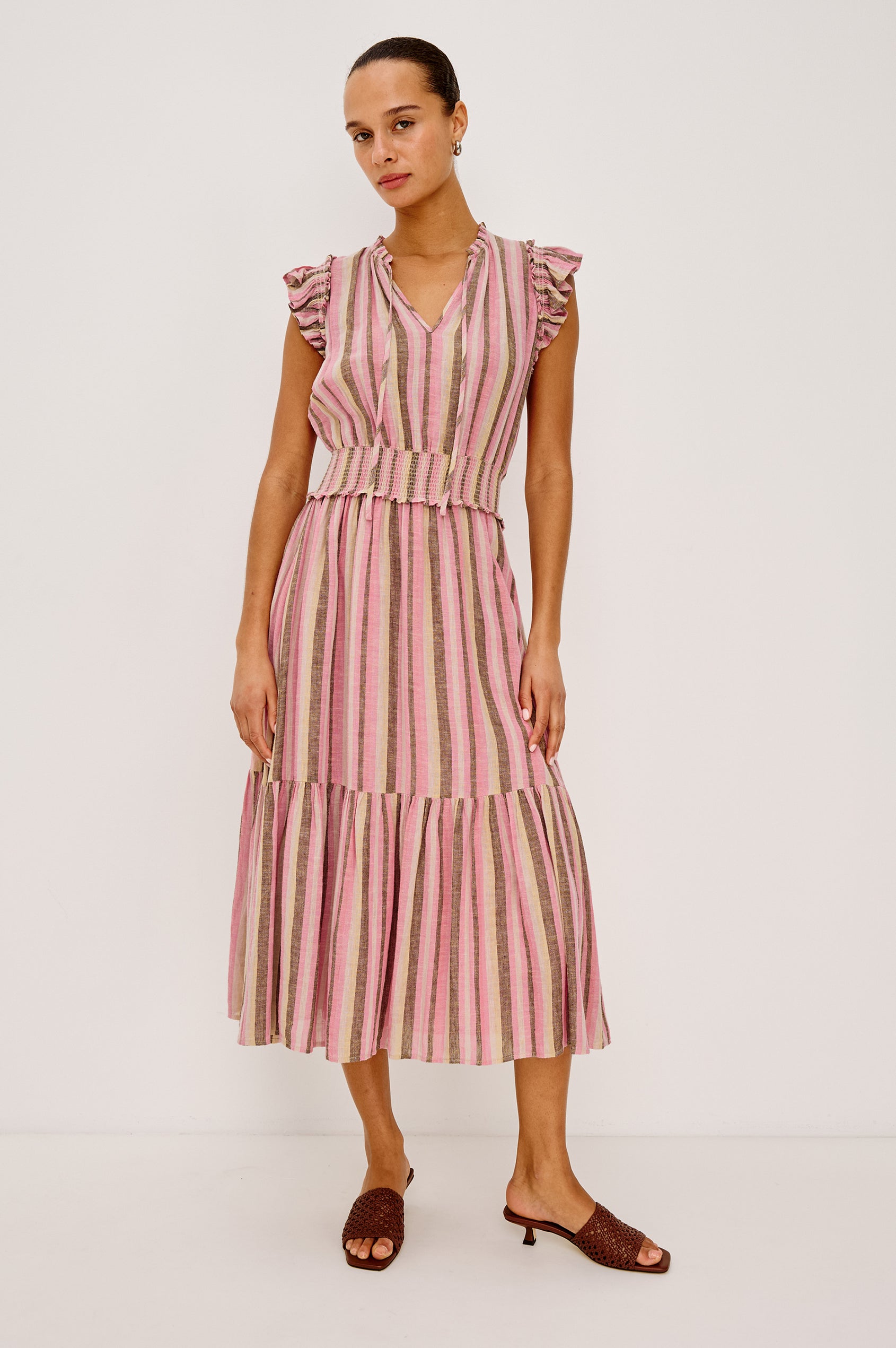 Garden Peasant Midi Dress in Linen With Ruffle Flutter Sleeves, Center Front Ties, V-Neckline, Shirred Waist, and Relaxed Fit in Cordoba Stripe Colorway - Full Body Front View Featured on Model