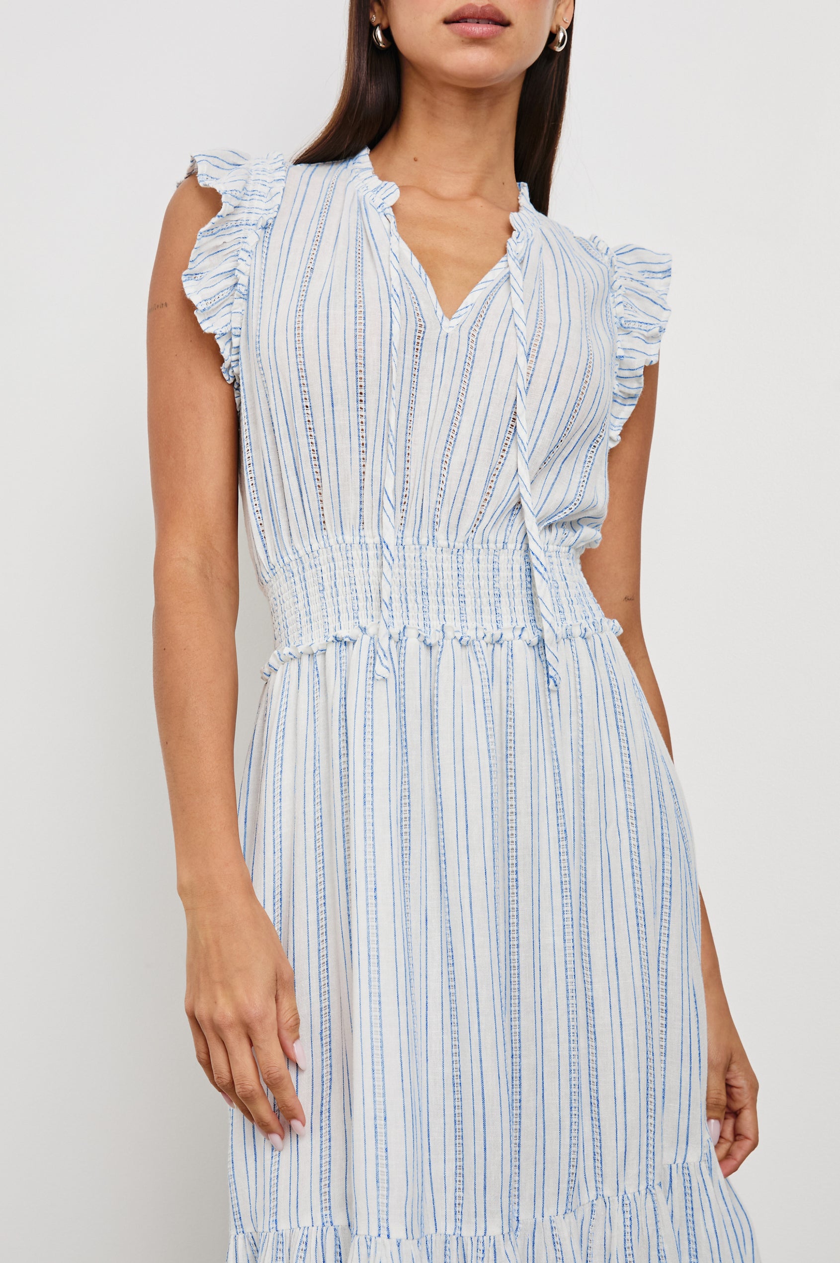 Garden Midi Dress with Flutter Cap Sleeves, Drawstrings at V-Neck and Shirred Waistband in Sonoma Stripe Colorway, Thin Vertical Blue Stripes on White - Front View Featured on Model