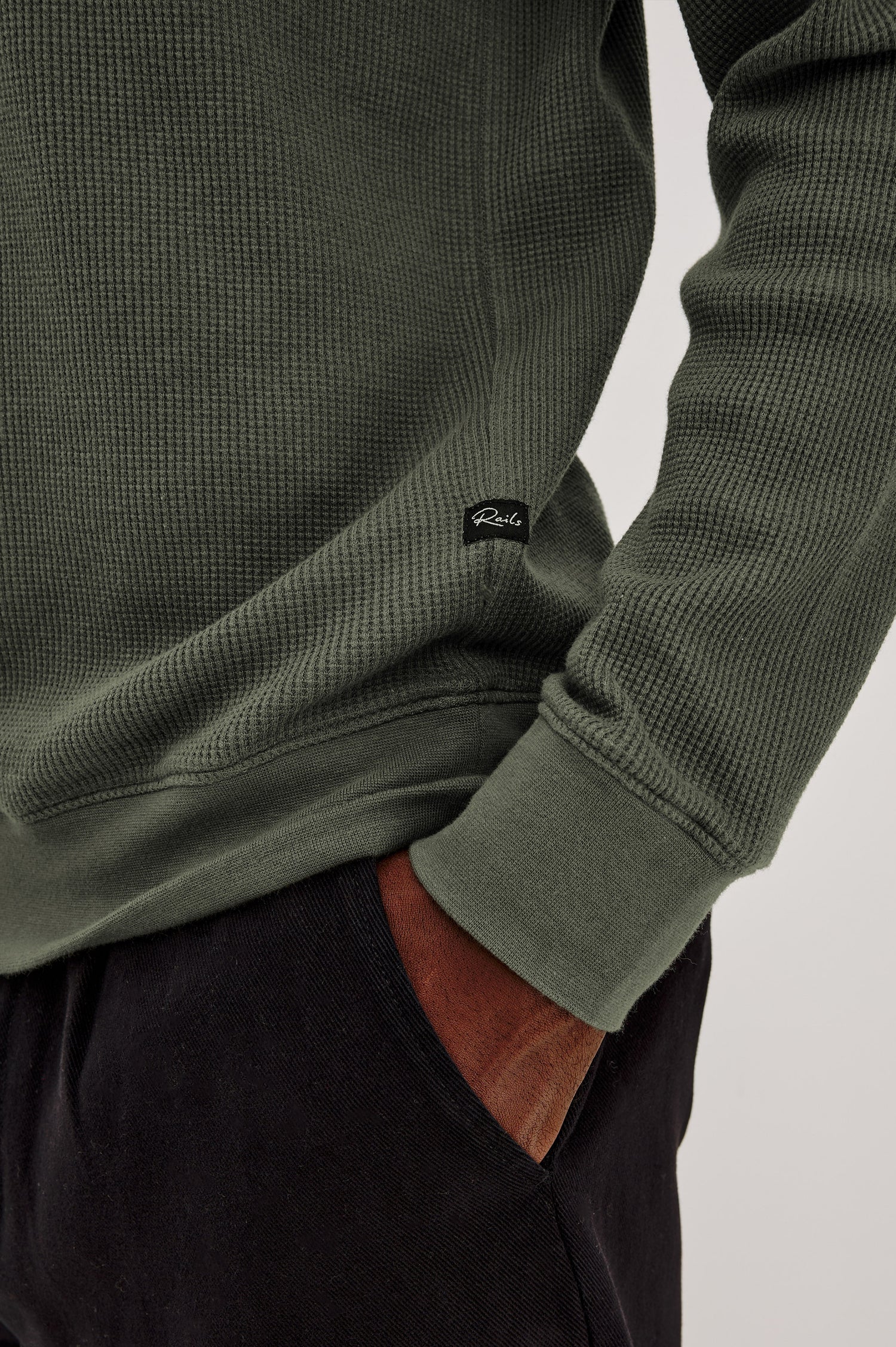 Gates Hoodie in Micro-Waffle Cotton Blend With Fixed Hood, Long Sleeves, and Relaxed Fit in Pine Needle Colorway - Lower Body Front View Featured on Model