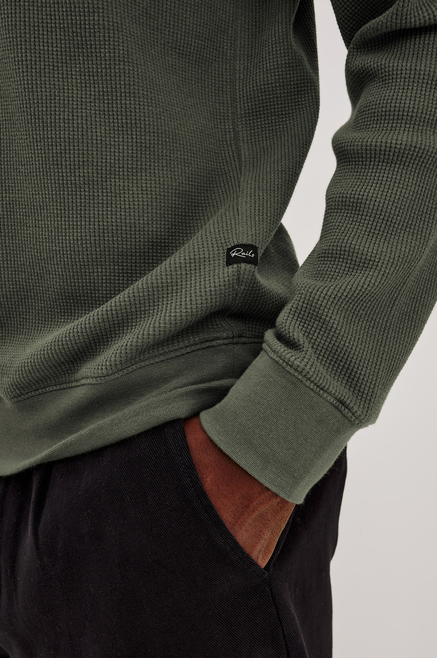 Gates Hoodie in Micro-Waffle Cotton Blend With Fixed Hood, Long Sleeves, and Relaxed Fit in Pine Needle Colorway - Lower Body Front View Featured on Model