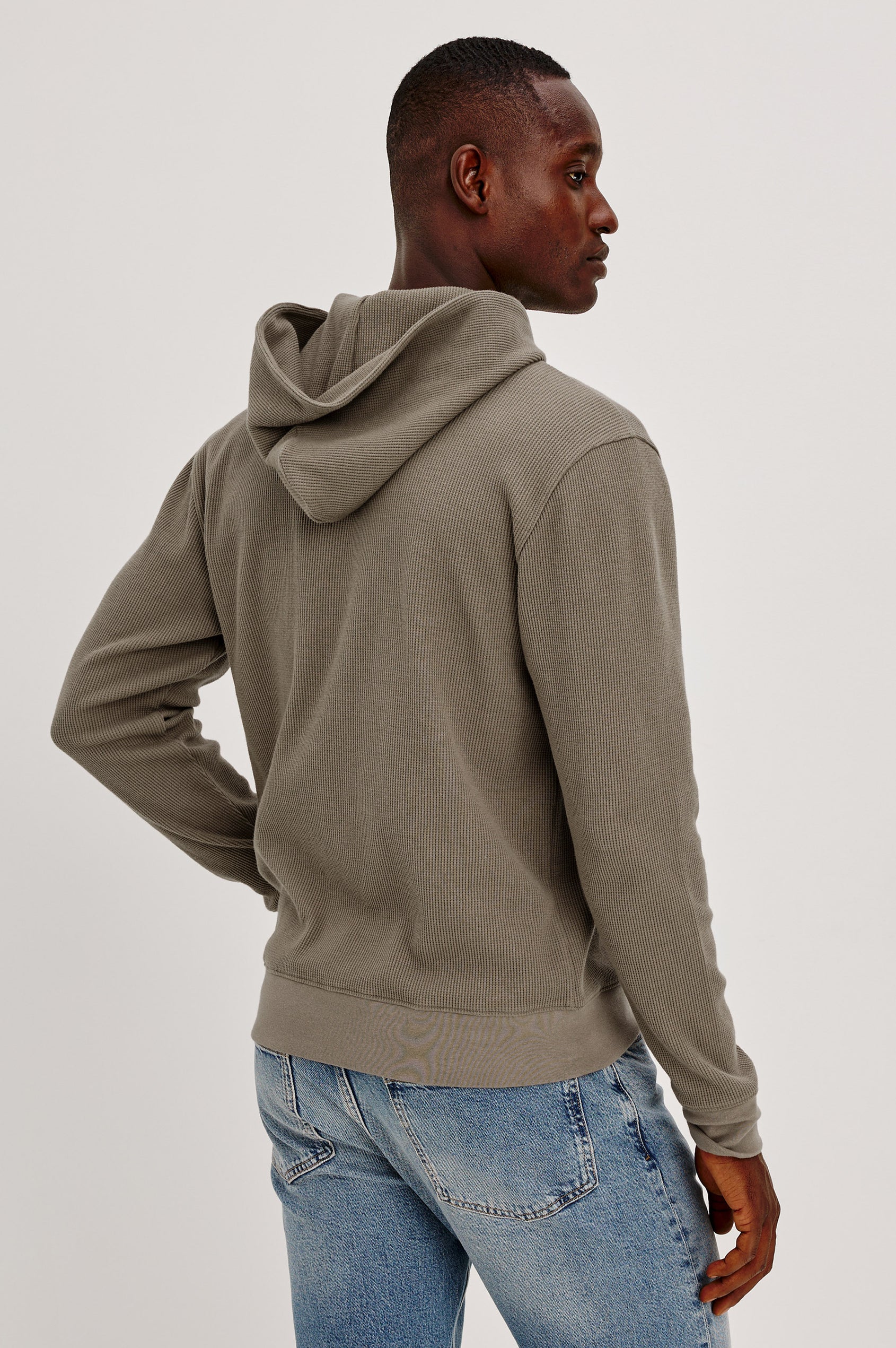 Gates Hoodie in Micro-Waffle Cotton Blend With Fixed Hood, Long Sleeves, and Relaxed Fit in Walnut Colorway - Upper Body Back View Featured on Model