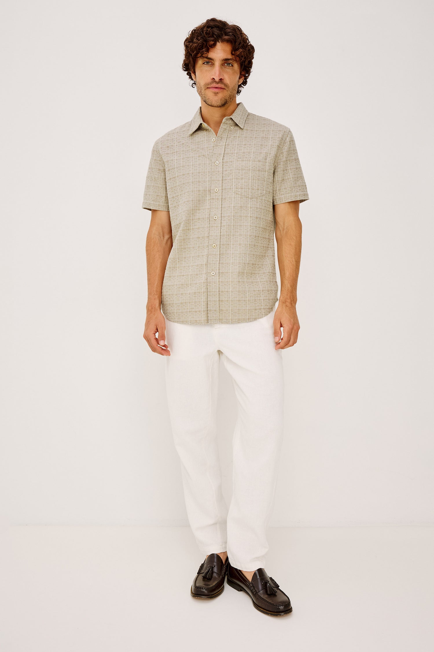 Gavin Button-Up Shirt in Linen Blend With Collar, Short Sleeves, Chest Patch Pocket, and Classic Fit in Taupe Cream Twist Colorway - Full Body Front View Featured on Model