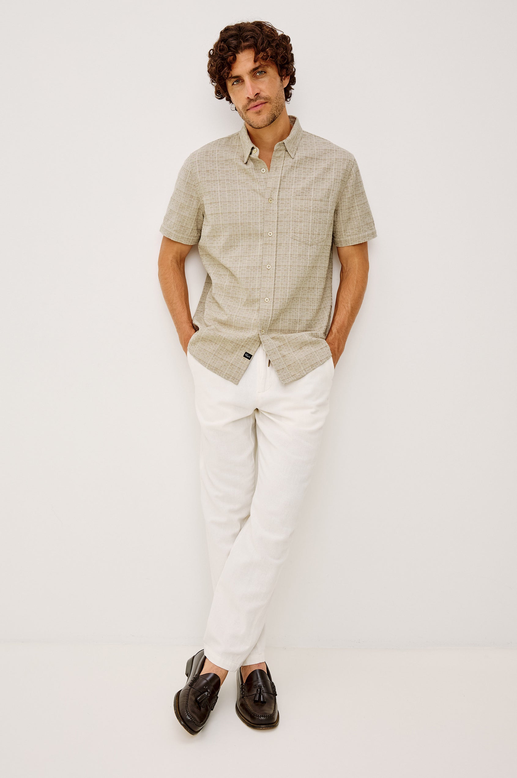 Gavin Button-Up Shirt in Linen Blend With Collar, Short Sleeves, Chest Patch Pocket, and Classic Fit in Taupe Cream Twist Colorway - Full Body Front View Featured on Model