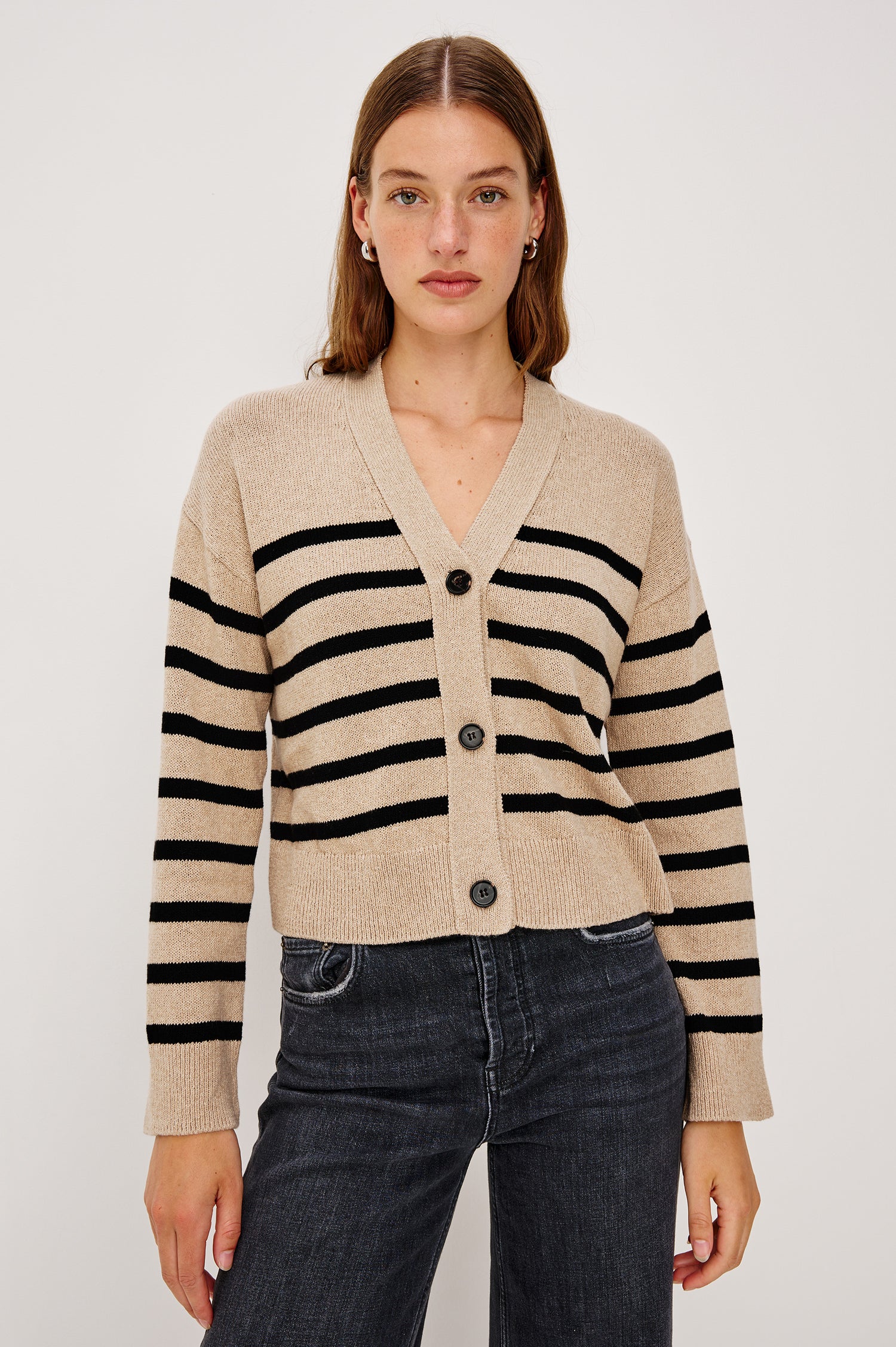 Geneva Long-Sleeve Cardigan with Button Closure and Ribbed Cuffs and Hem in Oatmeal Black Stripe Colorway, Horizontal Stripes - Front View Featured on Model