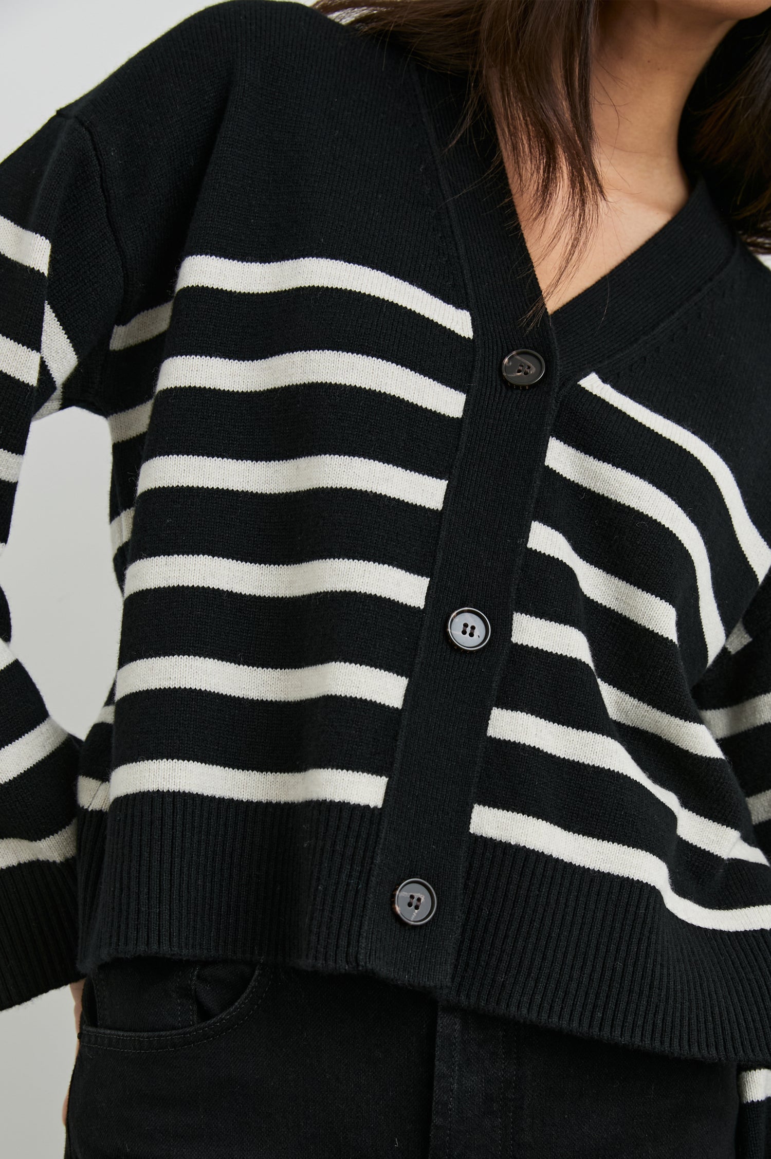 Geneva Long-Sleeve Cardigan with Button Closure and Ribbed Cuffs and Hem in Black Oatmeal Stripe Colorway - Front View Featured on Model