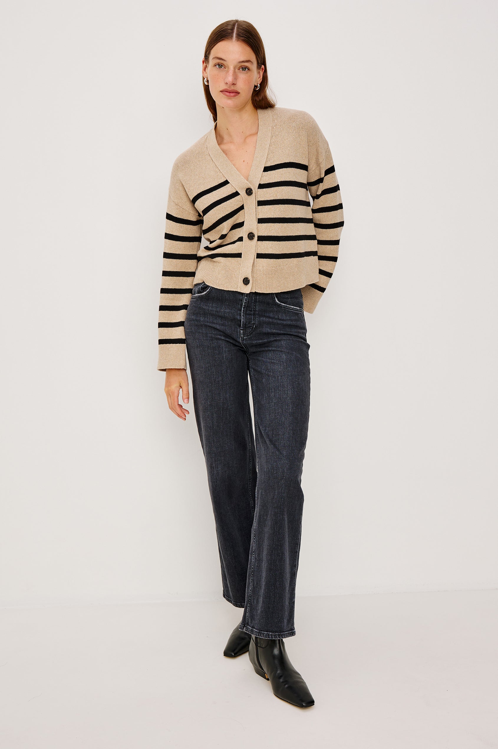 Geneva Long-Sleeve Cardigan with Button Closure and Ribbed Cuffs and Hem in Oatmeal Black Stripe Colorway, Horizontal Stripes - Full Body Front View Featured on Model