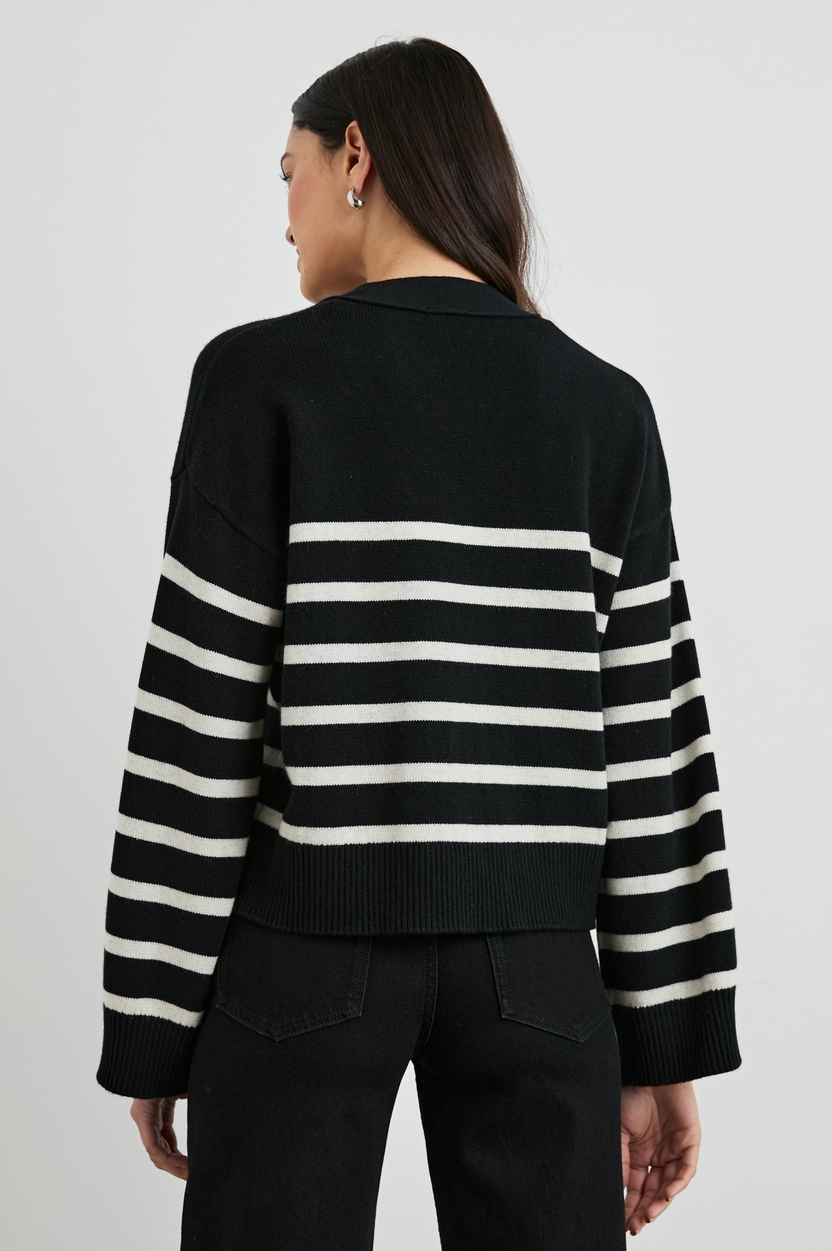 Geneva Long-Sleeve Cardigan with Button Closure and Ribbed Cuffs and Hem in Black Oatmeal Stripe Colorway - Back View Featured on Model