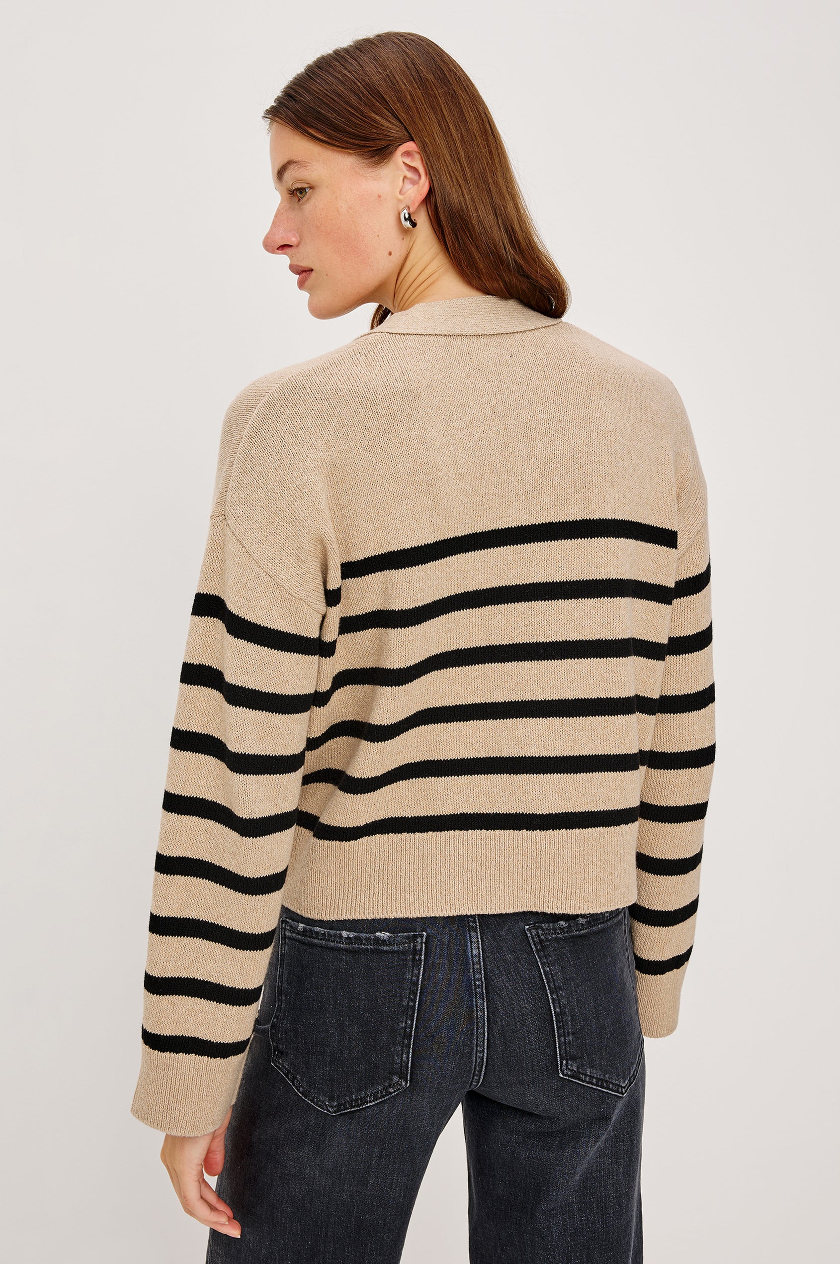 Geneva Long-Sleeve Cardigan with Button Closure and Ribbed Cuffs and Hem in Oatmeal Black Stripe Colorway, Horizontal Stripes - Back View Featured on Model