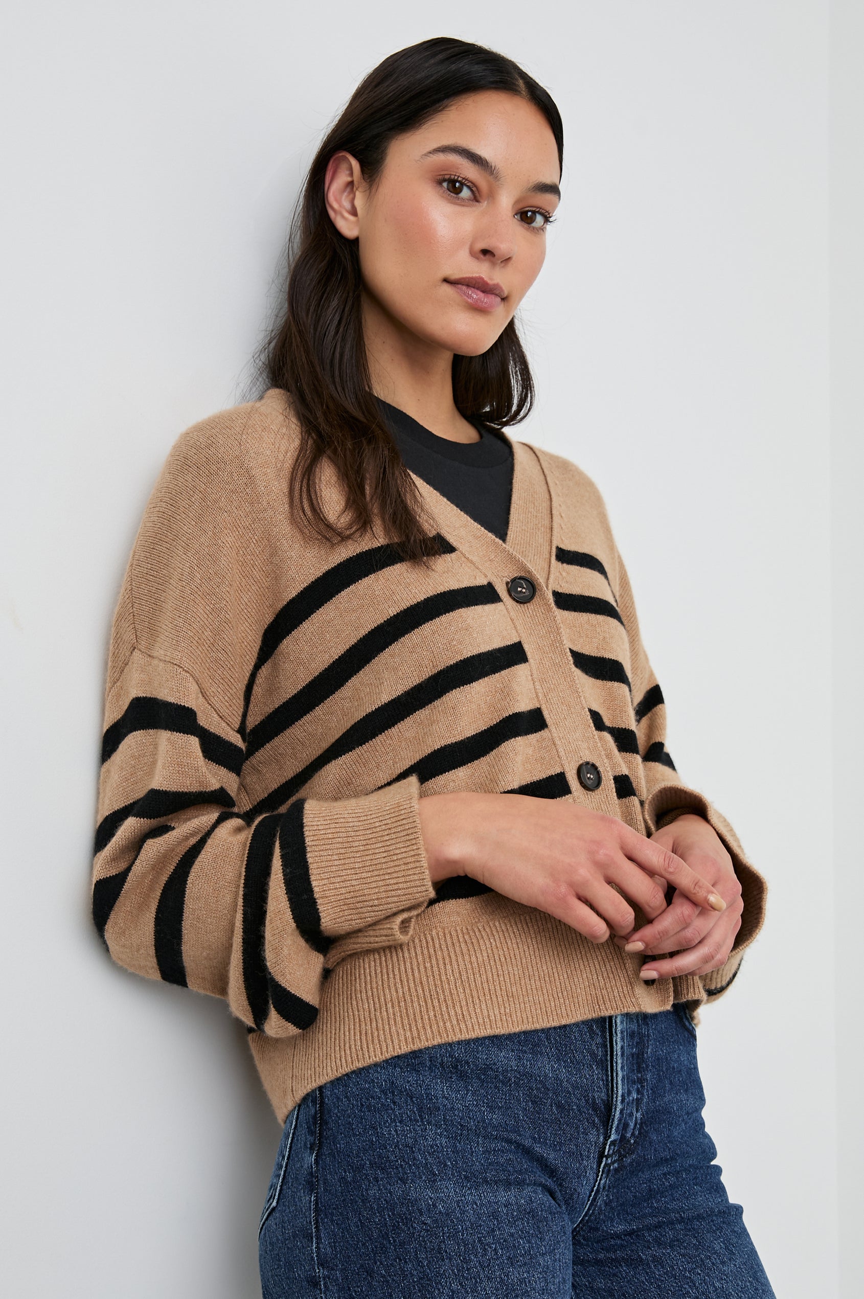 Geneva Long-Sleeve Cardigan with Button Closure and Ribbed Cuffs and Hem in Camel Black Stripe Colorway, Horizontal Stripes - Front View Featured on Model