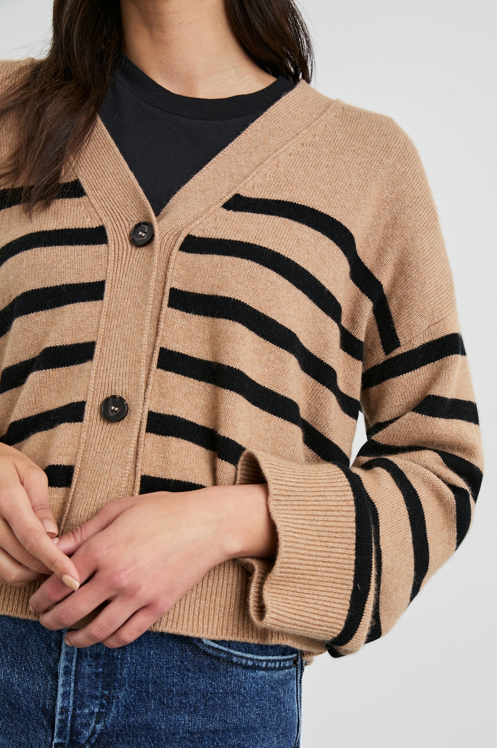 Geneva Long-Sleeve Cardigan with Button Closure and Ribbed Cuffs and Hem in Camel Black Stripe Colorway, Horizontal Stripes - Front View Featured on Model