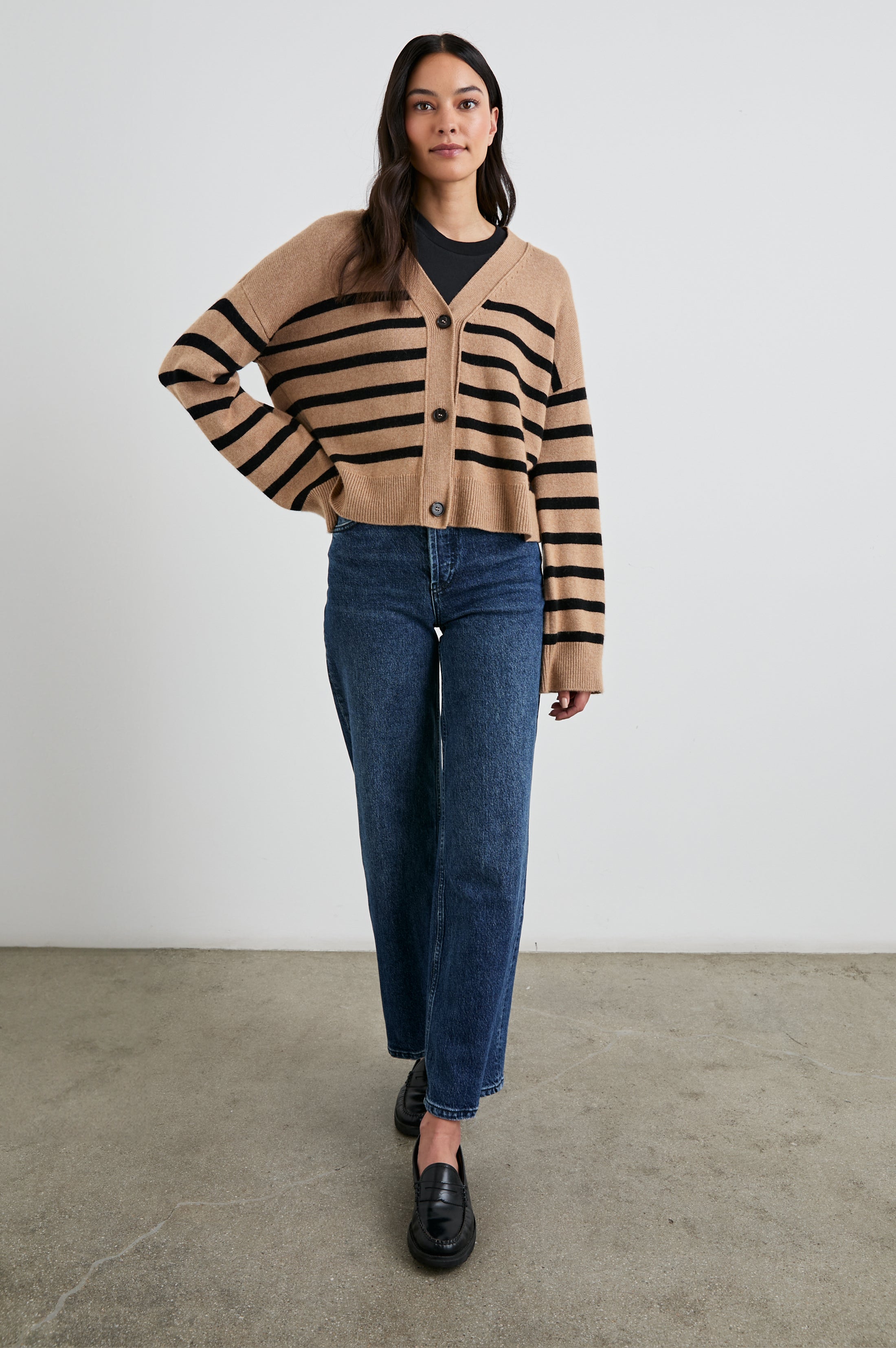 GENEVA CARDIGAN - CAMEL BLACK STRIPE – Rails