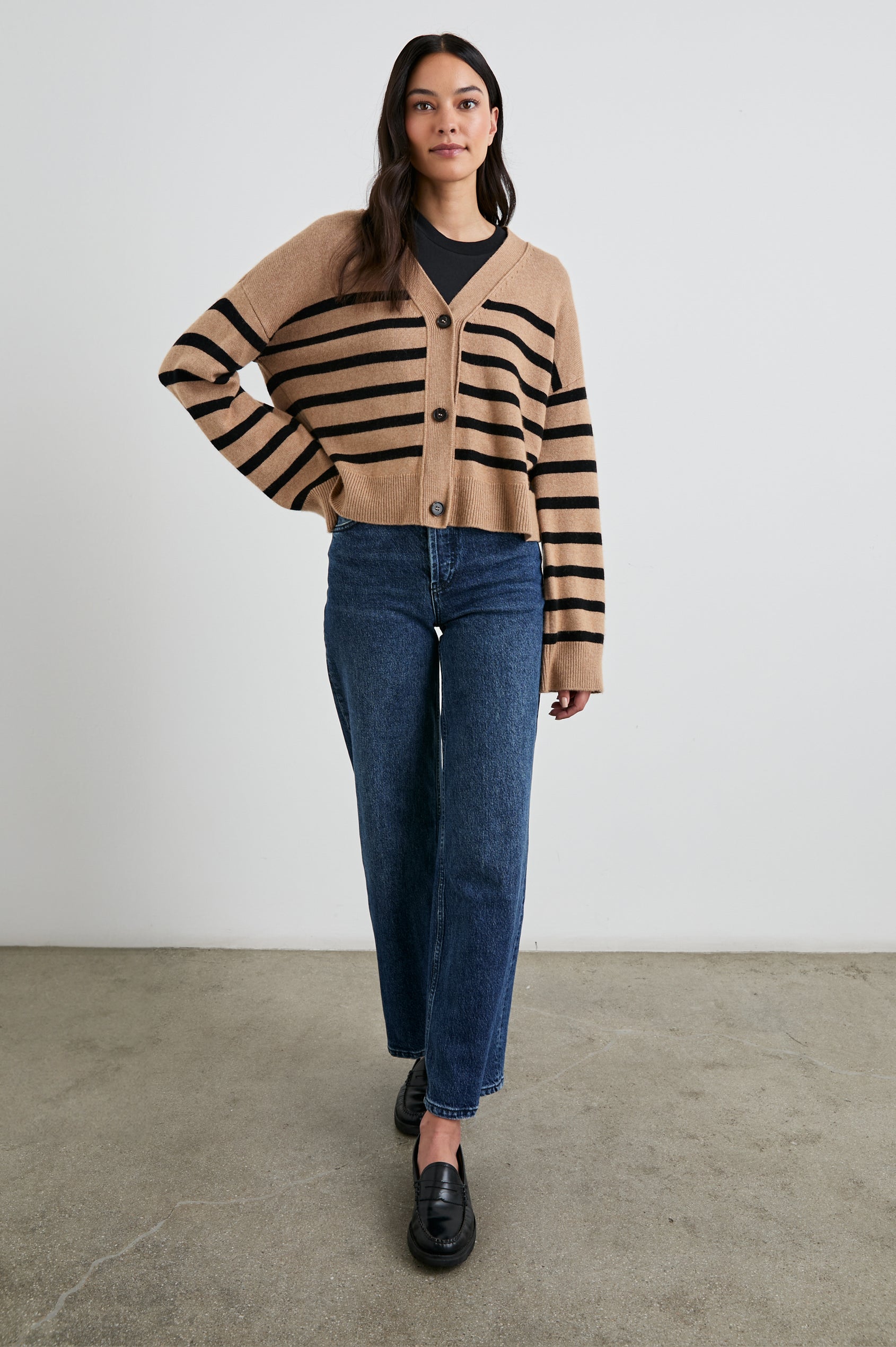 Geneva Long-Sleeve Cardigan with Button Closure and Ribbed Cuffs and Hem in Camel Black Stripe Colorway, Horizontal Stripes - Front Ful Body View Featured on Model