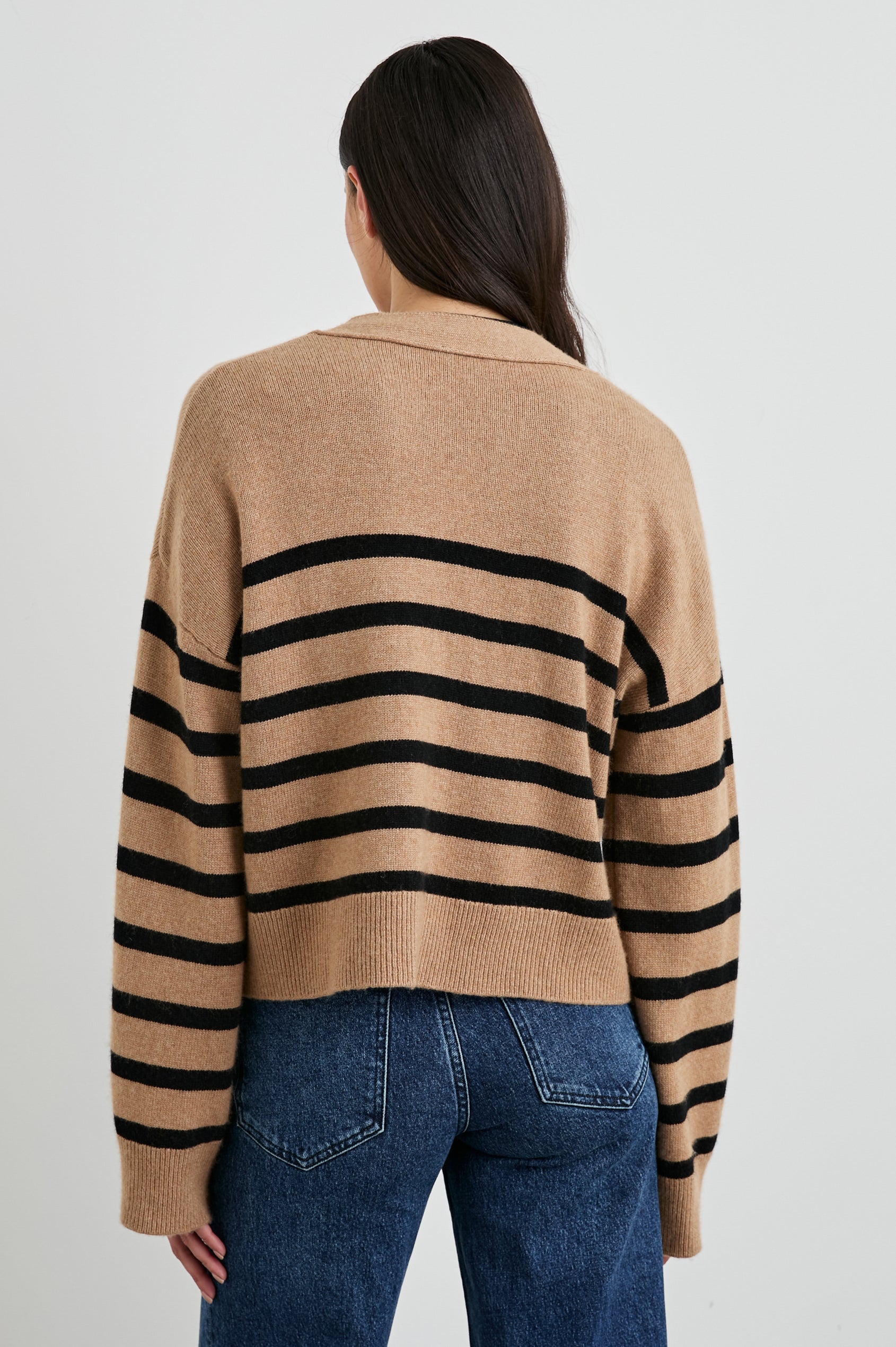 Geneva Long-Sleeve Cardigan with Button Closure and Ribbed Cuffs and Hem in Camel Black Stripe Colorway, Horizontal Stripes - Back View Featured on Model