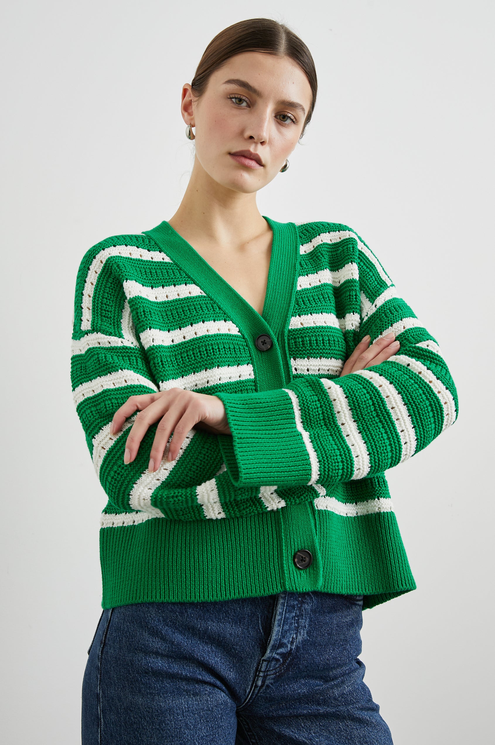 Geneva Long-Sleeve Cardigan with Button Closure and Ribbed Cuffs and Hem in Kelly Stripe Colorway, Kelly Green and White Horizontal stripes - Front View Featured on Model