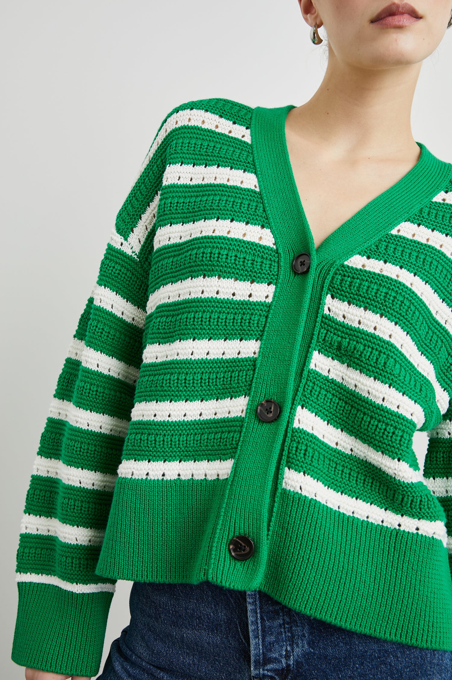 Geneva Long-Sleeve Cardigan with Button Closure and Ribbed Cuffs and Hem in Kelly Stripe Colorway, Kelly Green and White Horizontal stripes - Front View Featured on Model