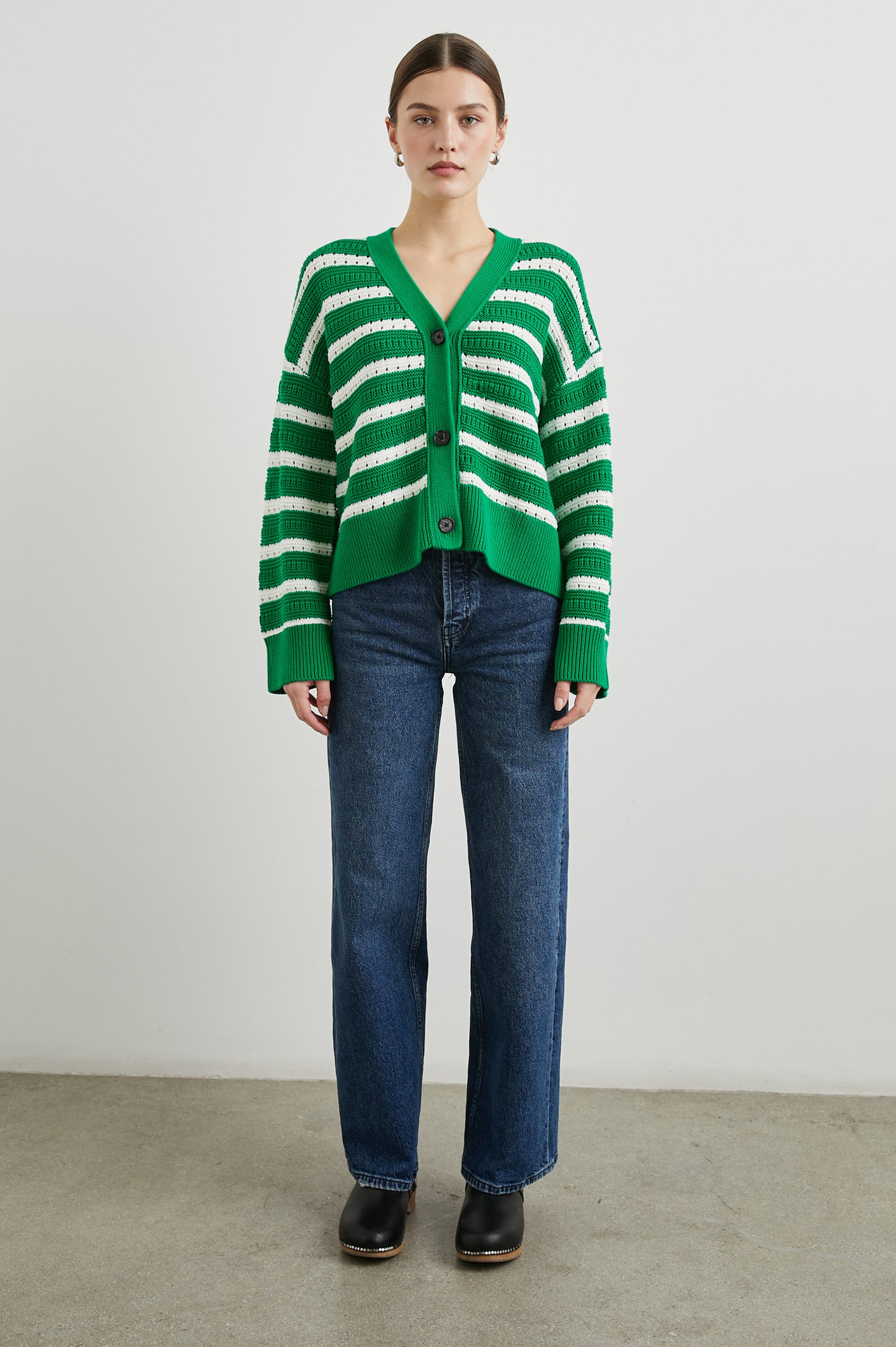 Geneva Long-Sleeve Cardigan with Button Closure and Ribbed Cuffs and Hem in Kelly Stripe Colorway, Kelly Green and White Horizontal stripes - Front Full Body View Featured on Model