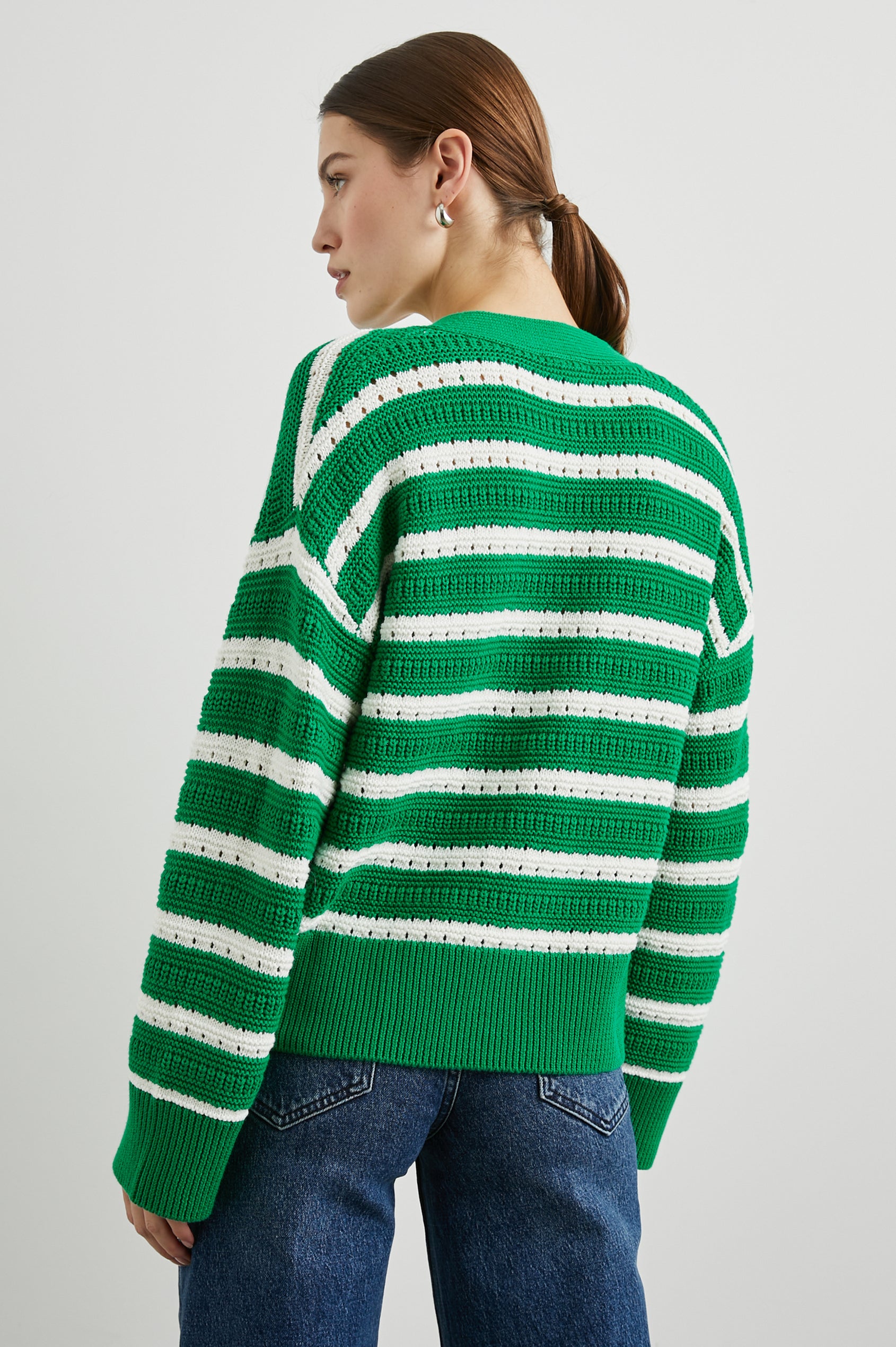 Geneva Long-Sleeve Cardigan with Button Closure and Ribbed Cuffs and Hem in Kelly Stripe Colorway, Kelly Green and White Horizontal stripes - Back View Featured on Model
