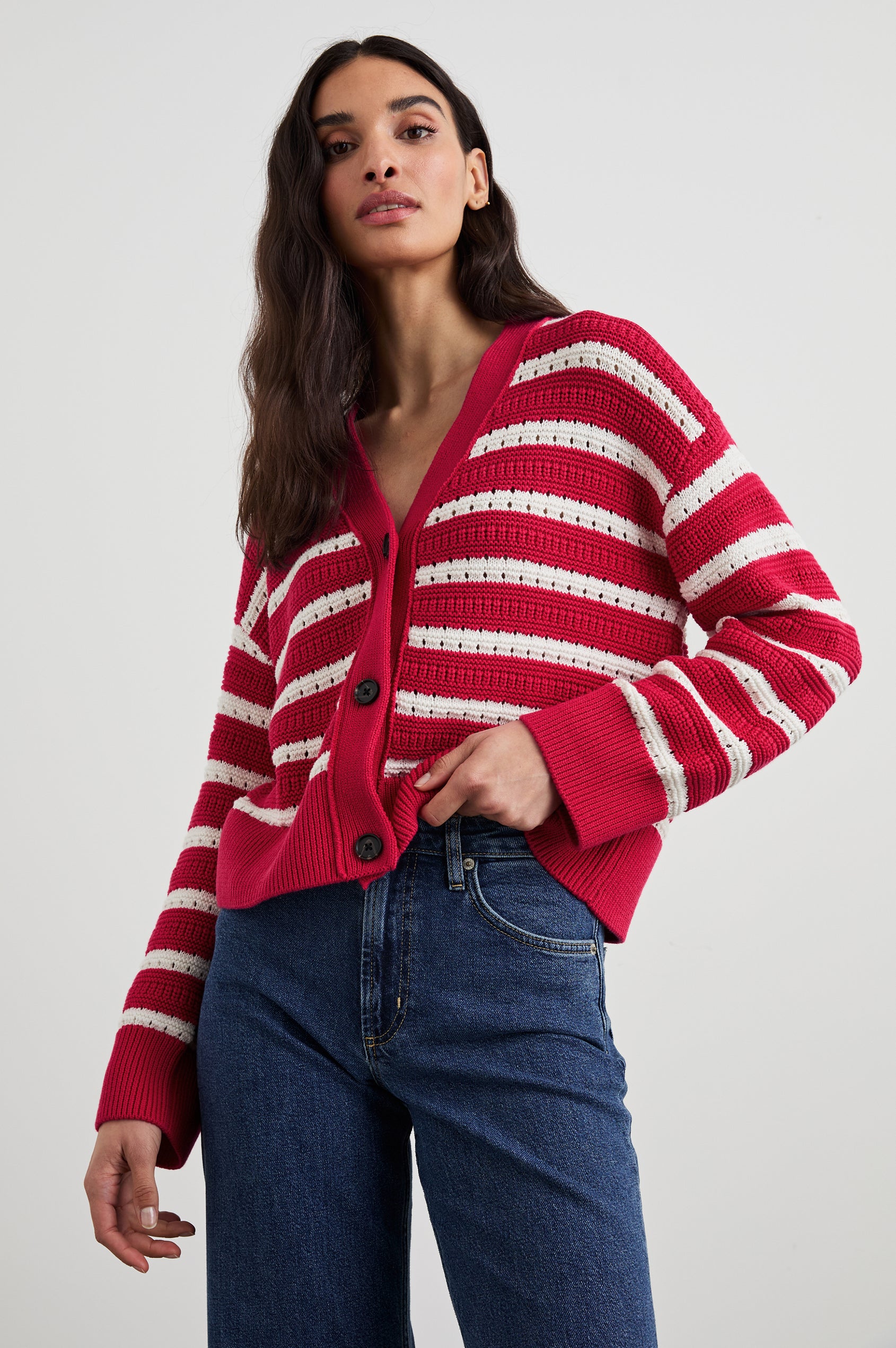 Geneva Long-Sleeve Cardigan with Button Closure in Pink Stripe Colorway, pink and white striped - Front View Featured on Model