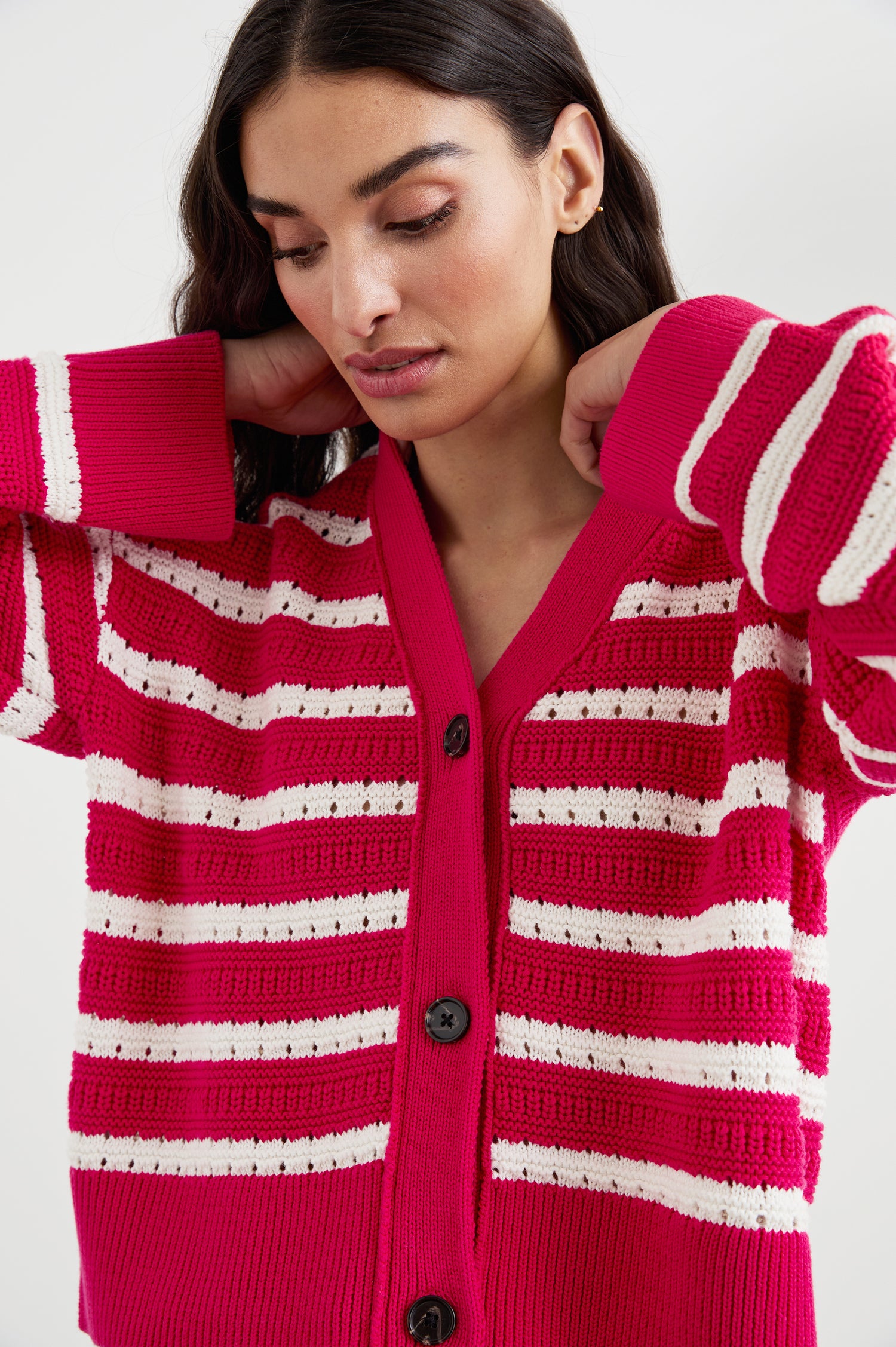 Geneva Long-Sleeve Cardigan with Button Closure in Pink Stripe Colorway, pink and white striped - Front View Featured on Model