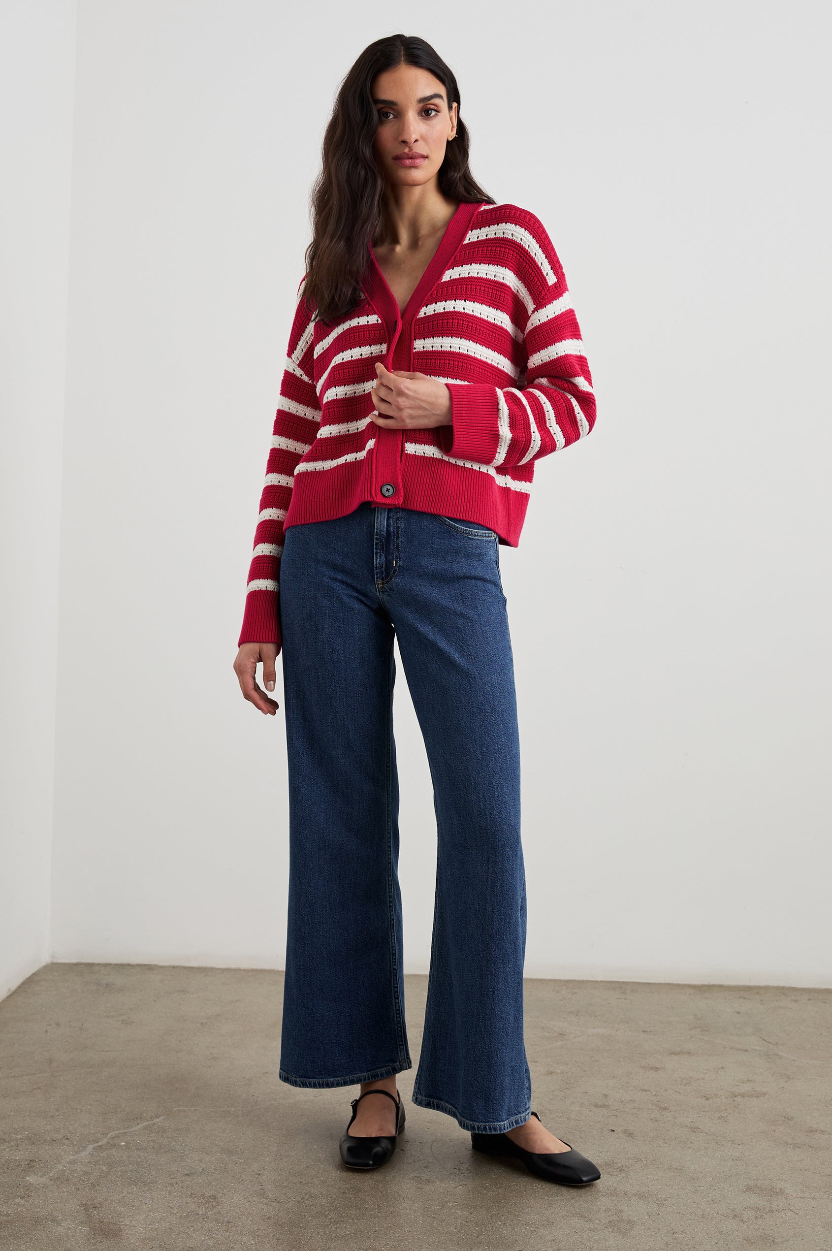 Geneva Long-Sleeve Cardigan with Button Closure in Pink Stripe Colorway, pink and white striped - Front Full Body View Featured on Model