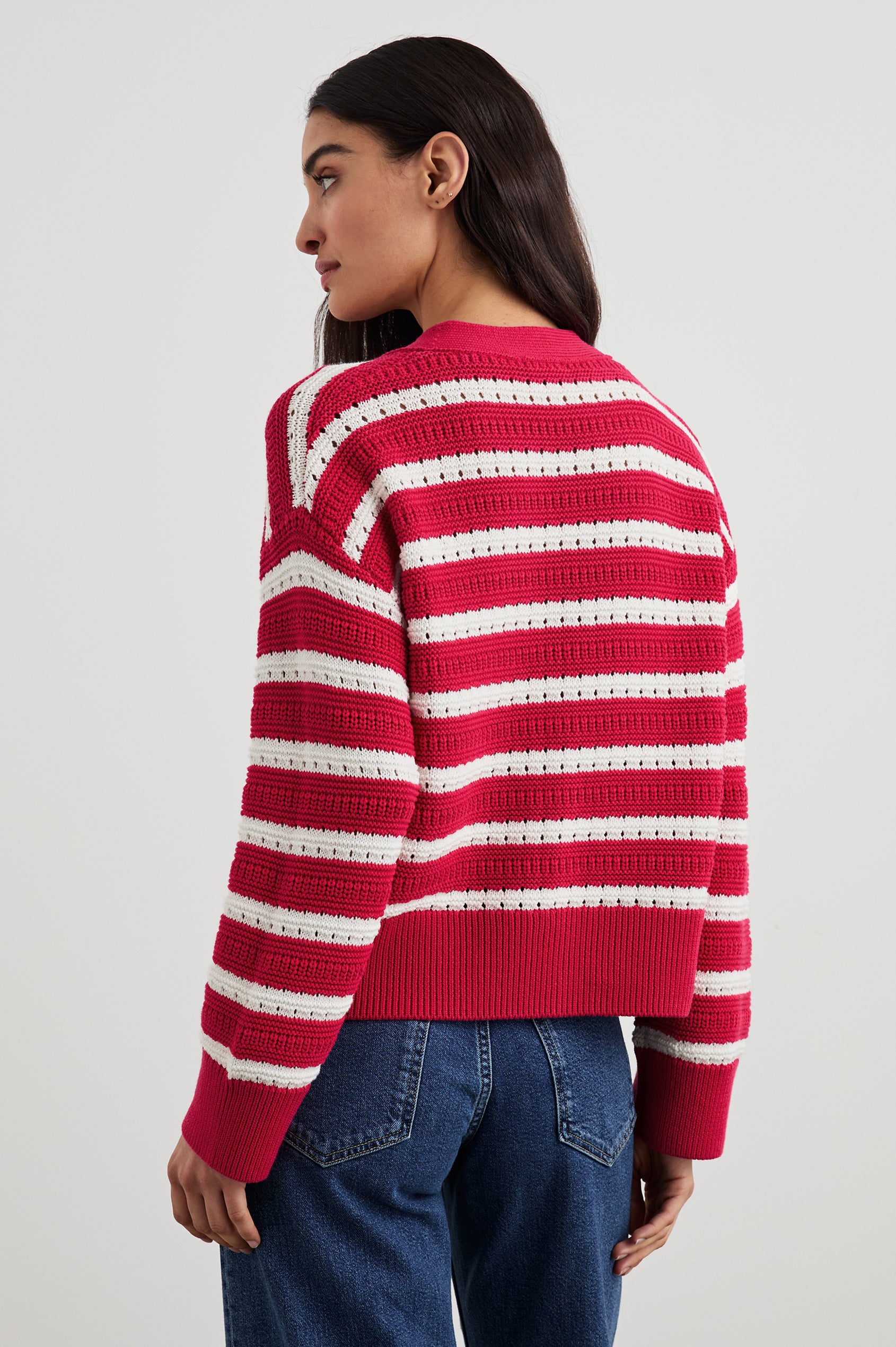 Geneva Long-Sleeve Cardigan with Button Closure in Pink Stripe Colorway, pink and white striped - Back View Featured on Model