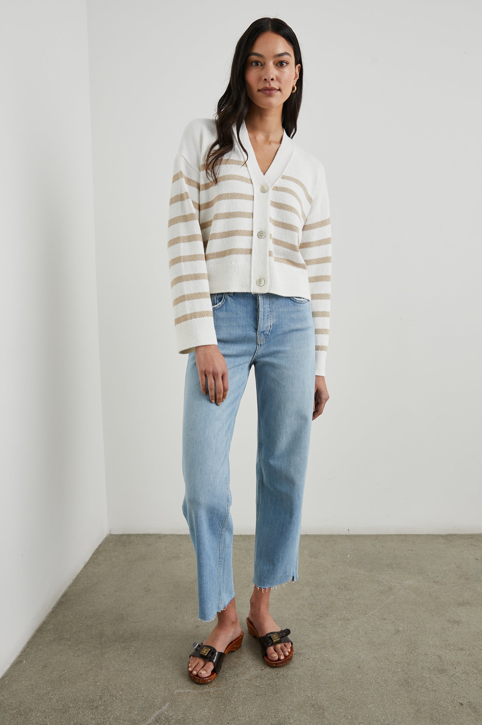 Geneva Long-Sleeve Cardigan with Button Closure and Ribbed Cuffs and Hem in Sand Stripe Colorway, sand and white stripes - Front Full Body View Featured on Model
