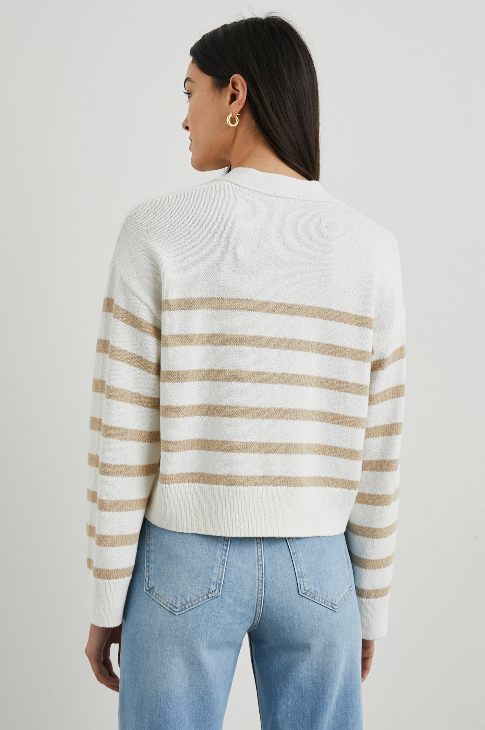 Geneva Long-Sleeve Cardigan with Button Closure and Ribbed Cuffs and Hem in Sand Stripe Colorway, sand and white stripes - Back View Featured on Model