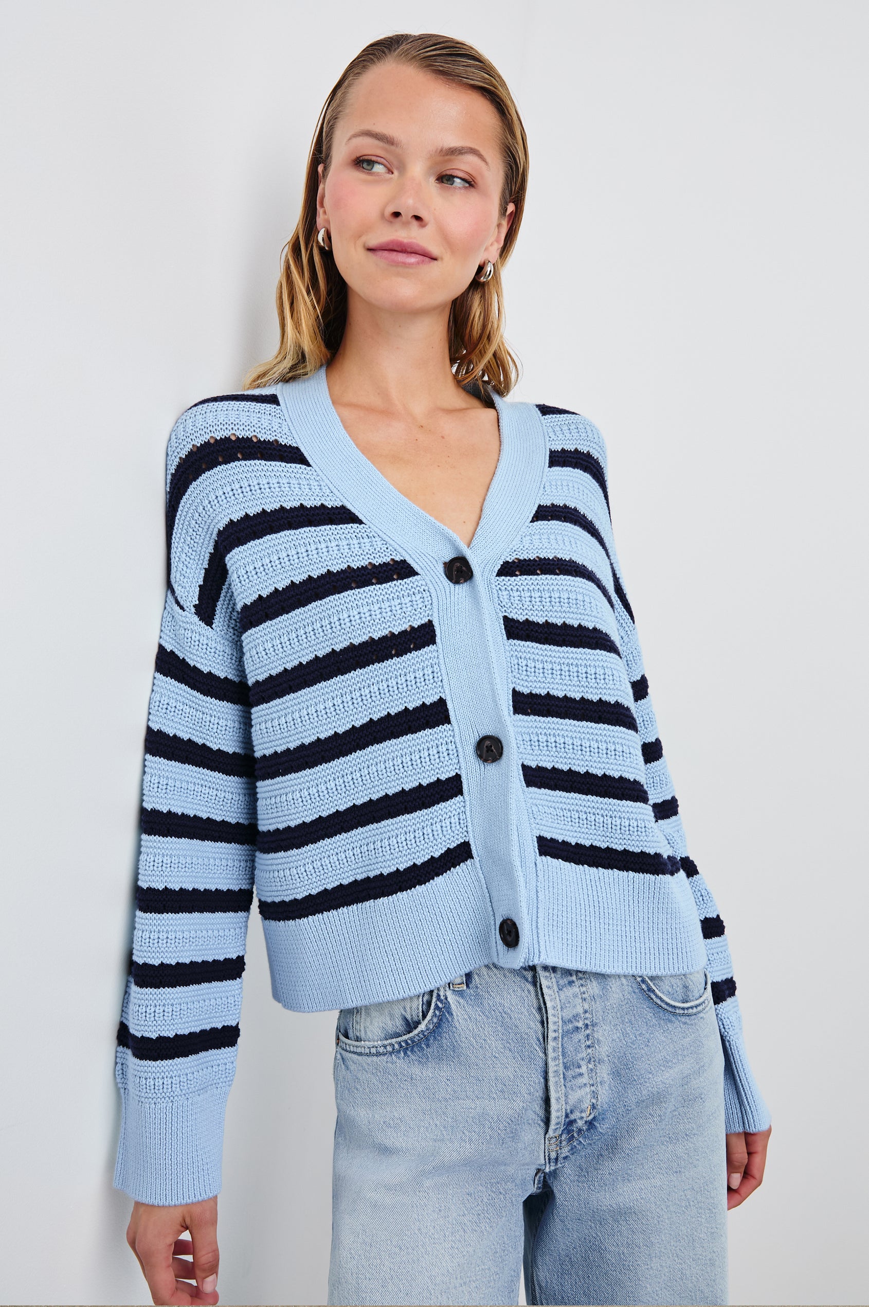 Geneva Long-Sleeve Cardigan with Button Closure in Sky Navy Stripe Colorway, Horizontal Stripes - Front View Featured on Model