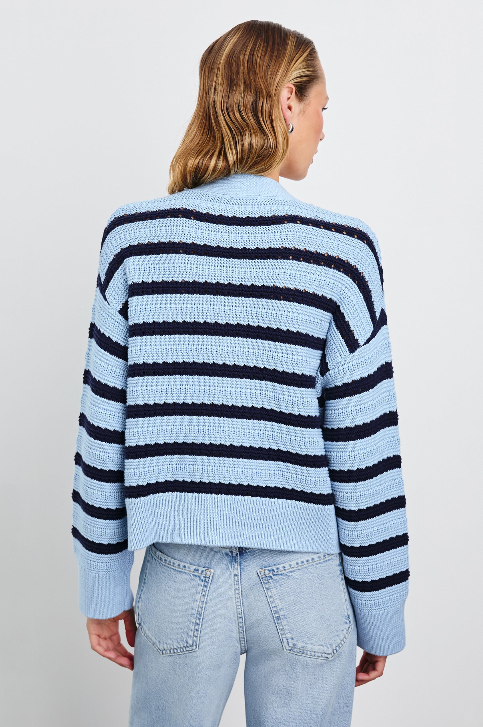 Geneva Long-Sleeve Cardigan with Button Closure in Sky Navy Stripe Colorway, Horizontal Stripes - Back View Featured on Model