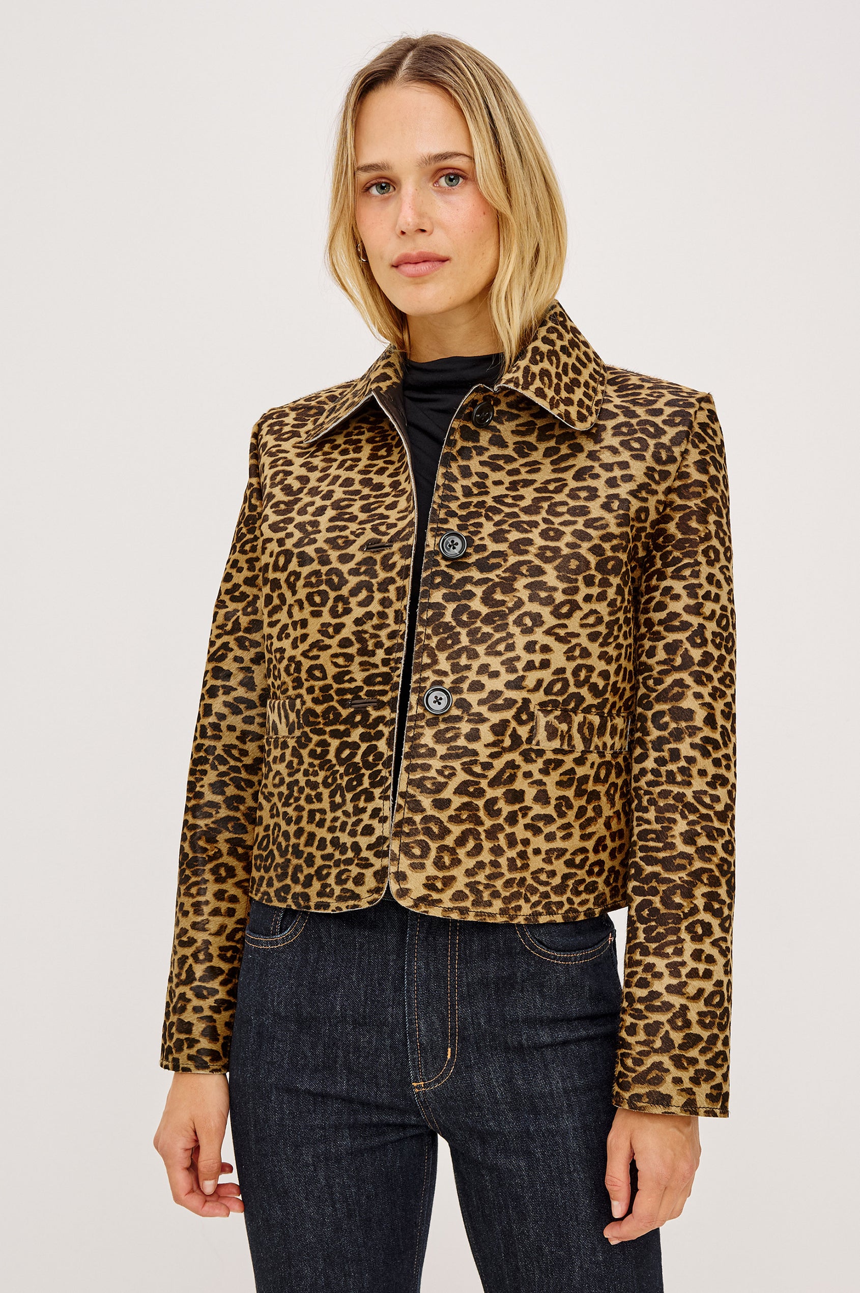 Georgie Cropped Jacket in Heavyweight Haircalf Suede With Structured Fit, Spread Collar, Front Buttons, and Welt Pockets in Brown Nala Hair Calf - Upper Body Front View Featured on Model