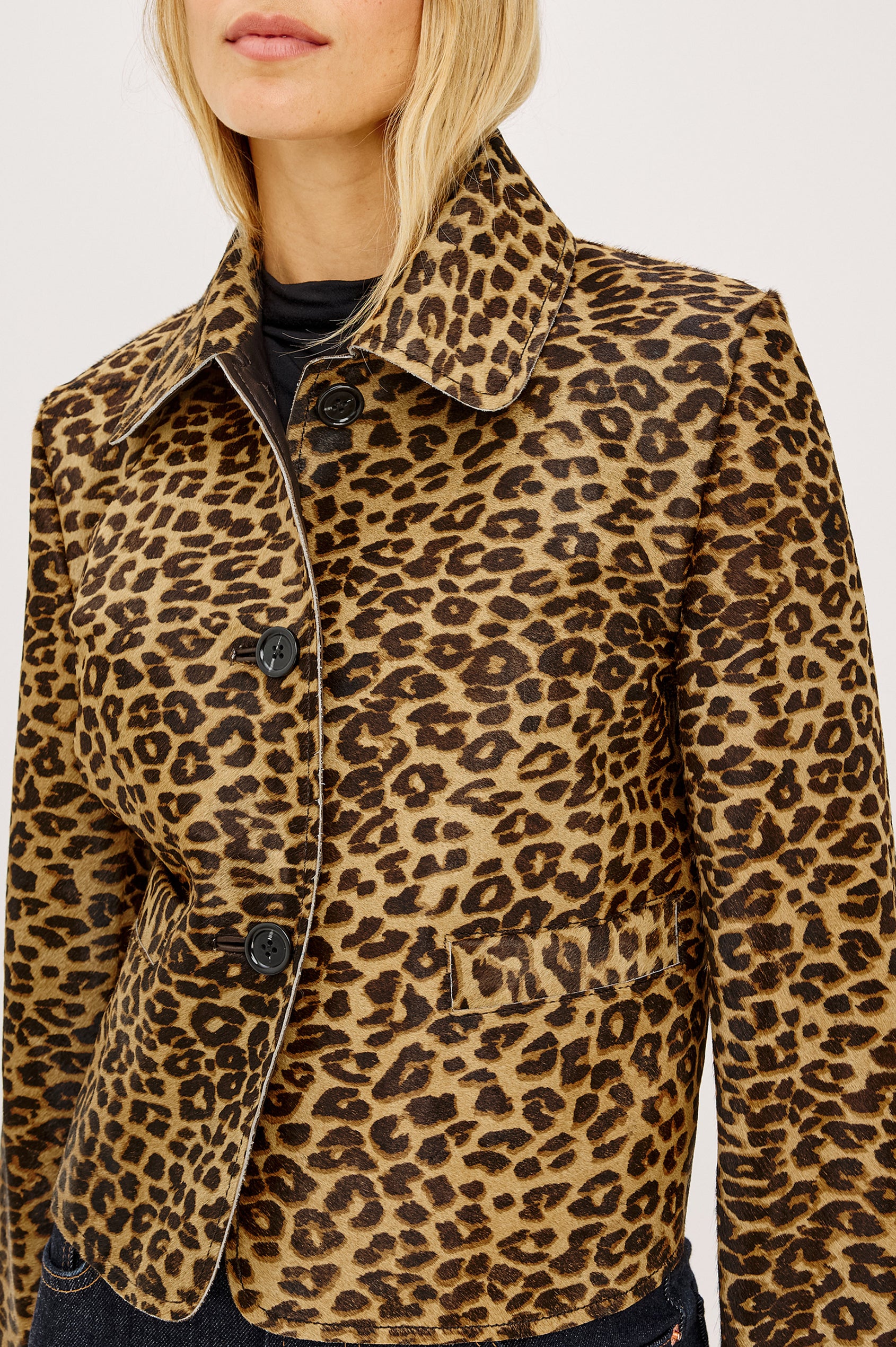 Georgie Cropped Jacket in Heavyweight Haircalf Suede With Structured Fit, Spread Collar, Front Buttons, and Welt Pockets in Brown Nala Hair Calf - Upper Body Front View Featured on Model