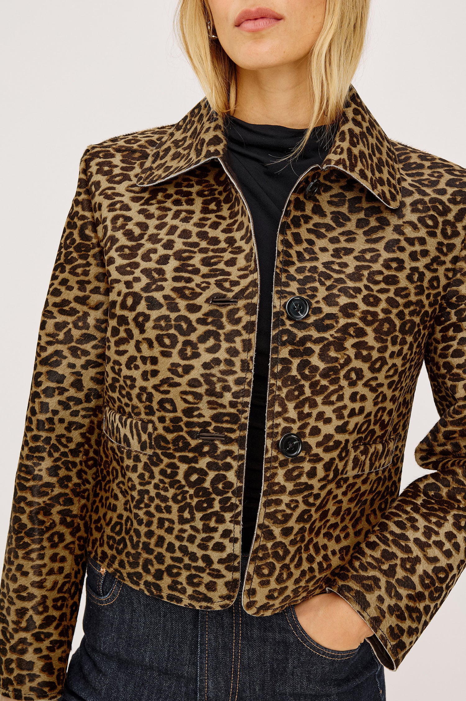 Georgie Cropped Jacket in Heavyweight Haircalf Suede With Structured Fit, Spread Collar, Front Buttons, and Welt Pockets in Brown Nala Hair Calf - Upper Body Front View Featured on Model