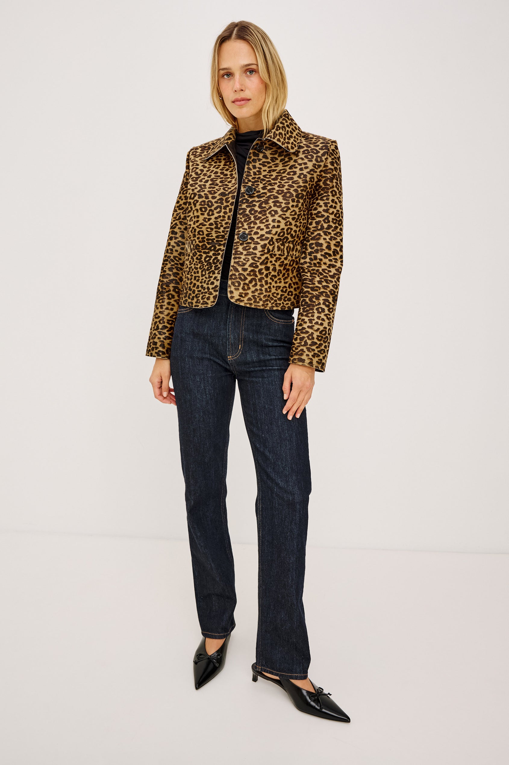 Georgie Cropped Jacket in Heavyweight Haircalf Suede With Structured Fit, Spread Collar, Front Buttons, and Welt Pockets in Brown Nala Hair Calf - Full Body Front View Featured on Model