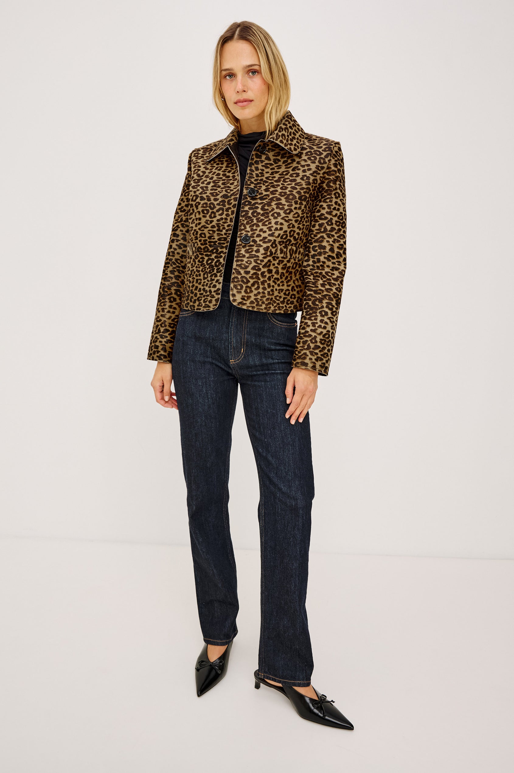 Georgie Cropped Jacket in Heavyweight Haircalf Suede With Structured Fit, Spread Collar, Front Buttons, and Welt Pockets in Brown Nala Hair Calf - Full Body Front View Featured on Model