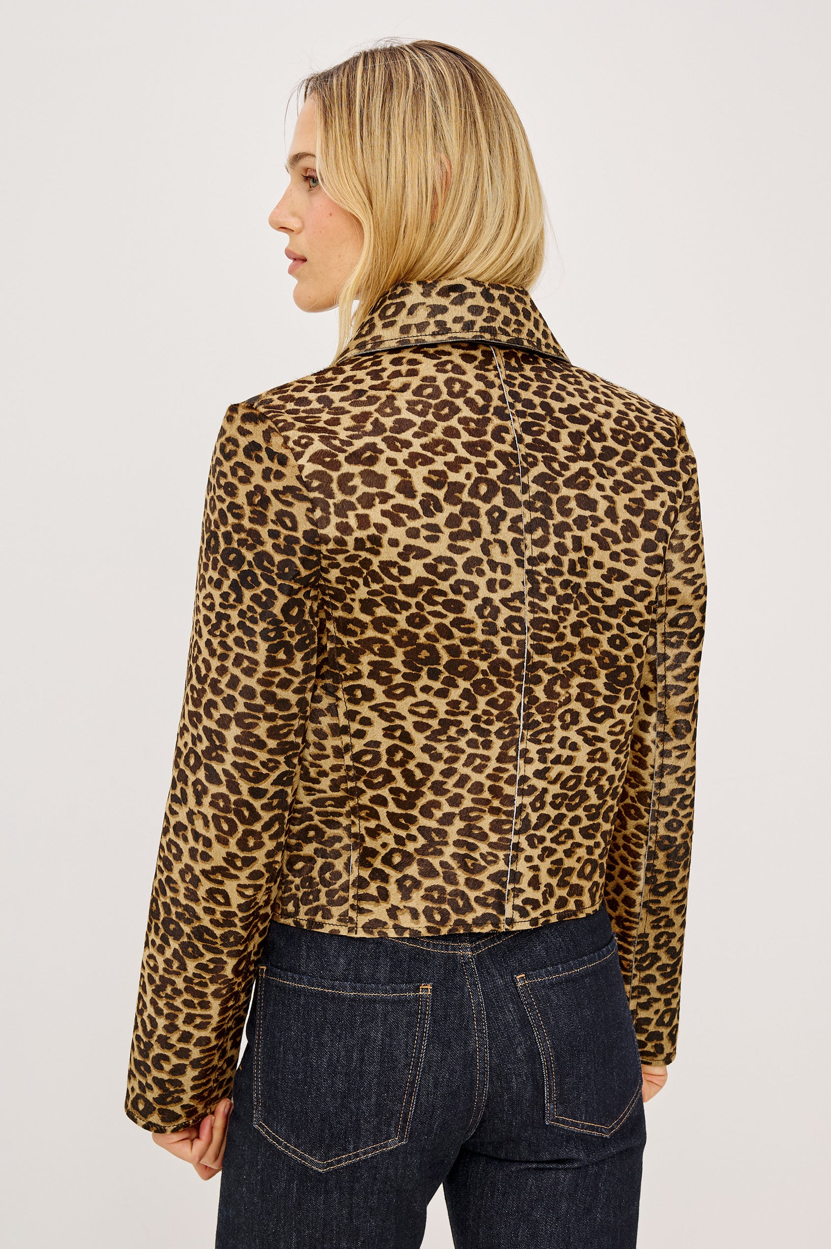 Georgie Cropped Jacket in Heavyweight Haircalf Suede With Structured Fit, Spread Collar, Front Buttons, and Welt Pockets in Brown Nala Hair Calf - Upper Body Back View Featured on Model