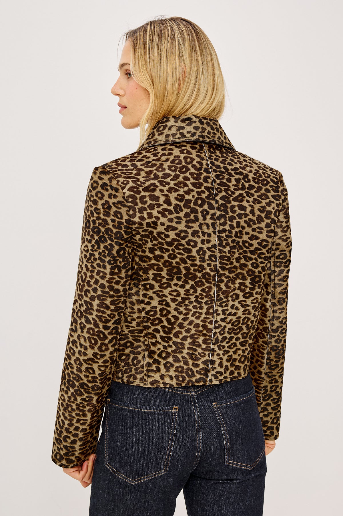 Georgie Cropped Jacket in Heavyweight Haircalf Suede With Structured Fit, Spread Collar, Front Buttons, and Welt Pockets in Brown Nala Hair Calf - Upper Body Back View Featured on Model