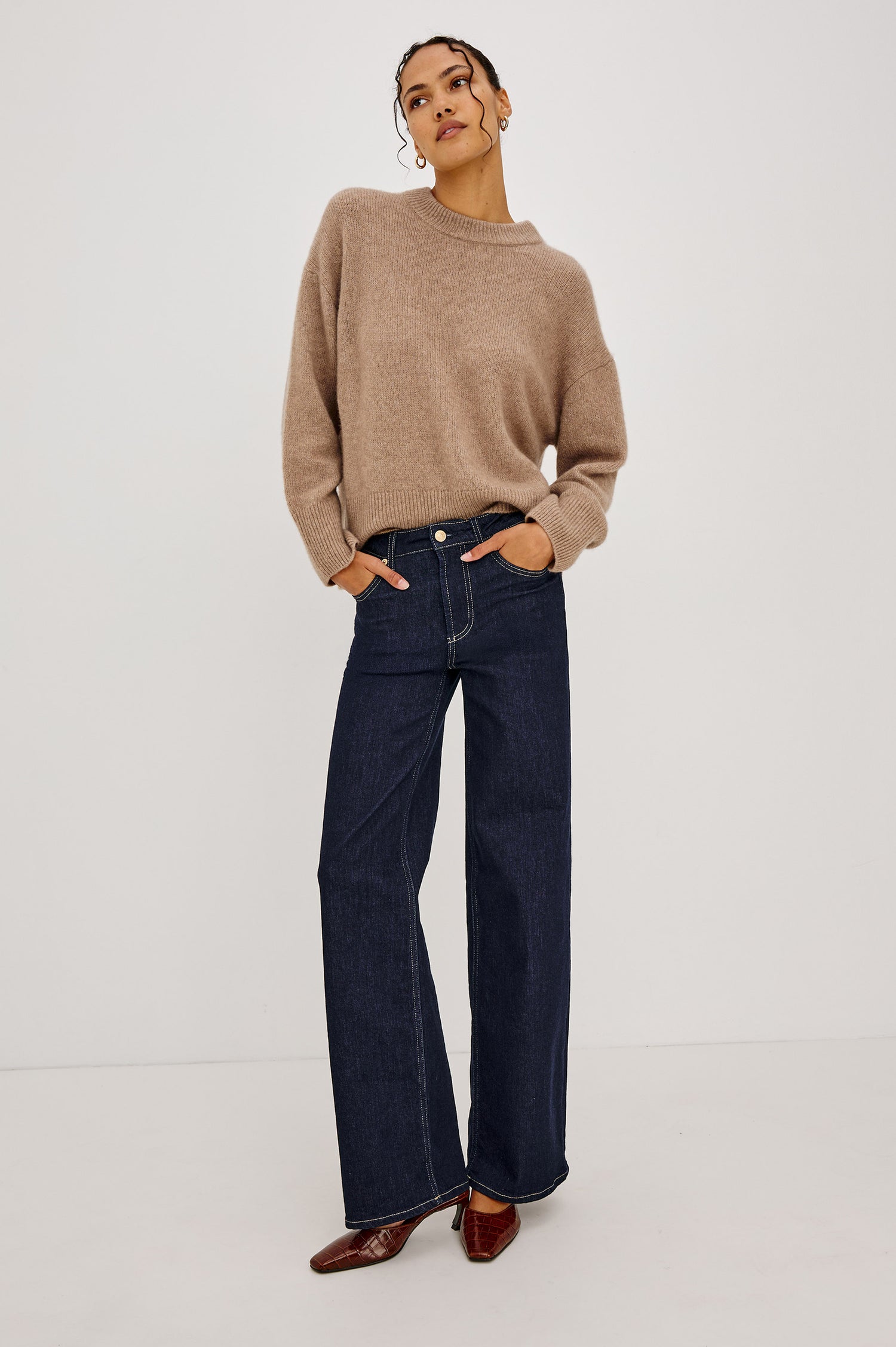 Getty Wide Leg Jean in Light Comfort-Stretch Denim With High-Rise, 5-Pockets, and Zipper Fly in After Hours Colorway - Full body front view featured on model.