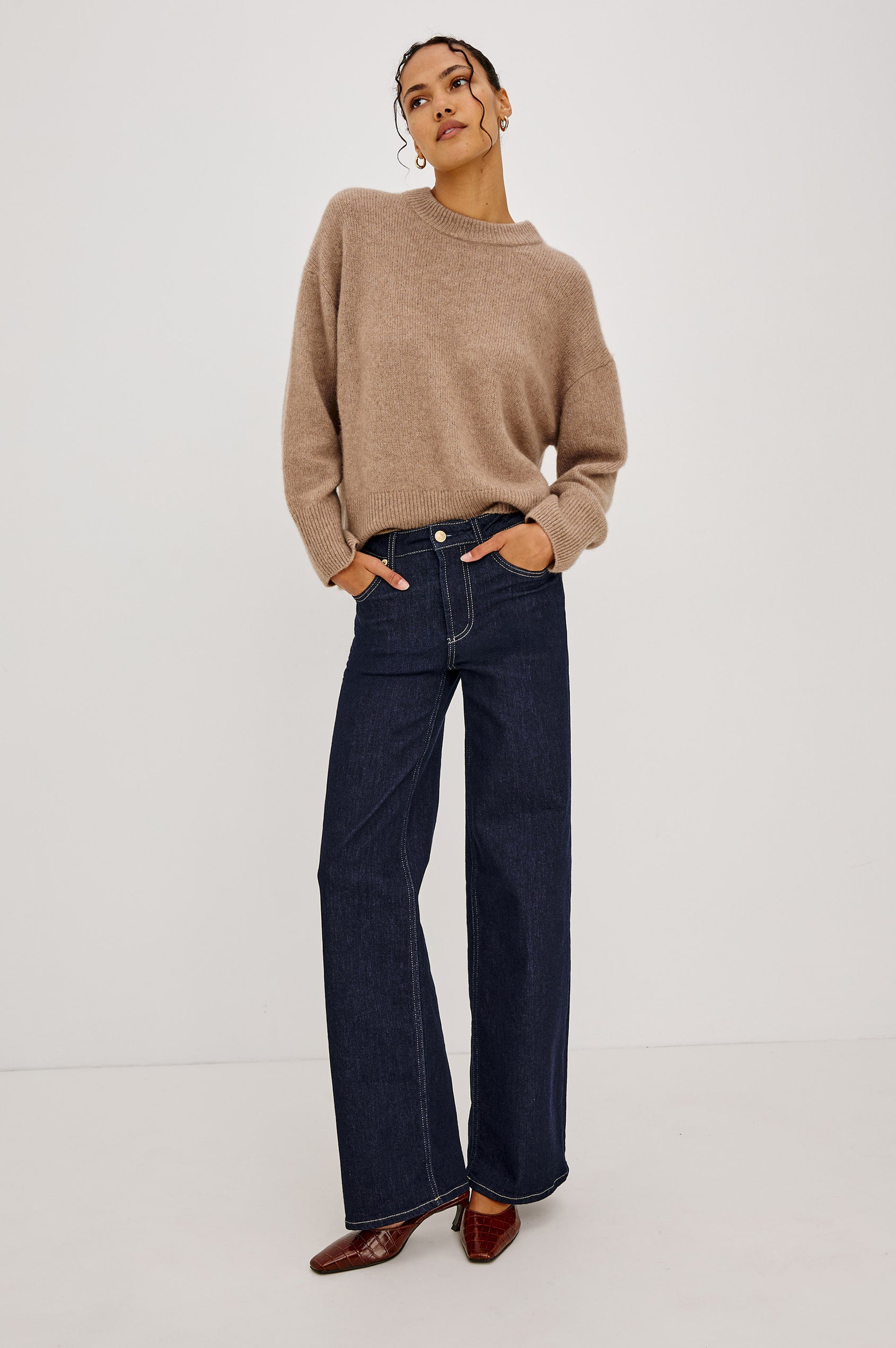 Getty Wide Leg Jean in Light Comfort-Stretch Denim With High-Rise, 5-Pockets, and Zipper Fly in After Hours Colorway - Full body front view featured on model.