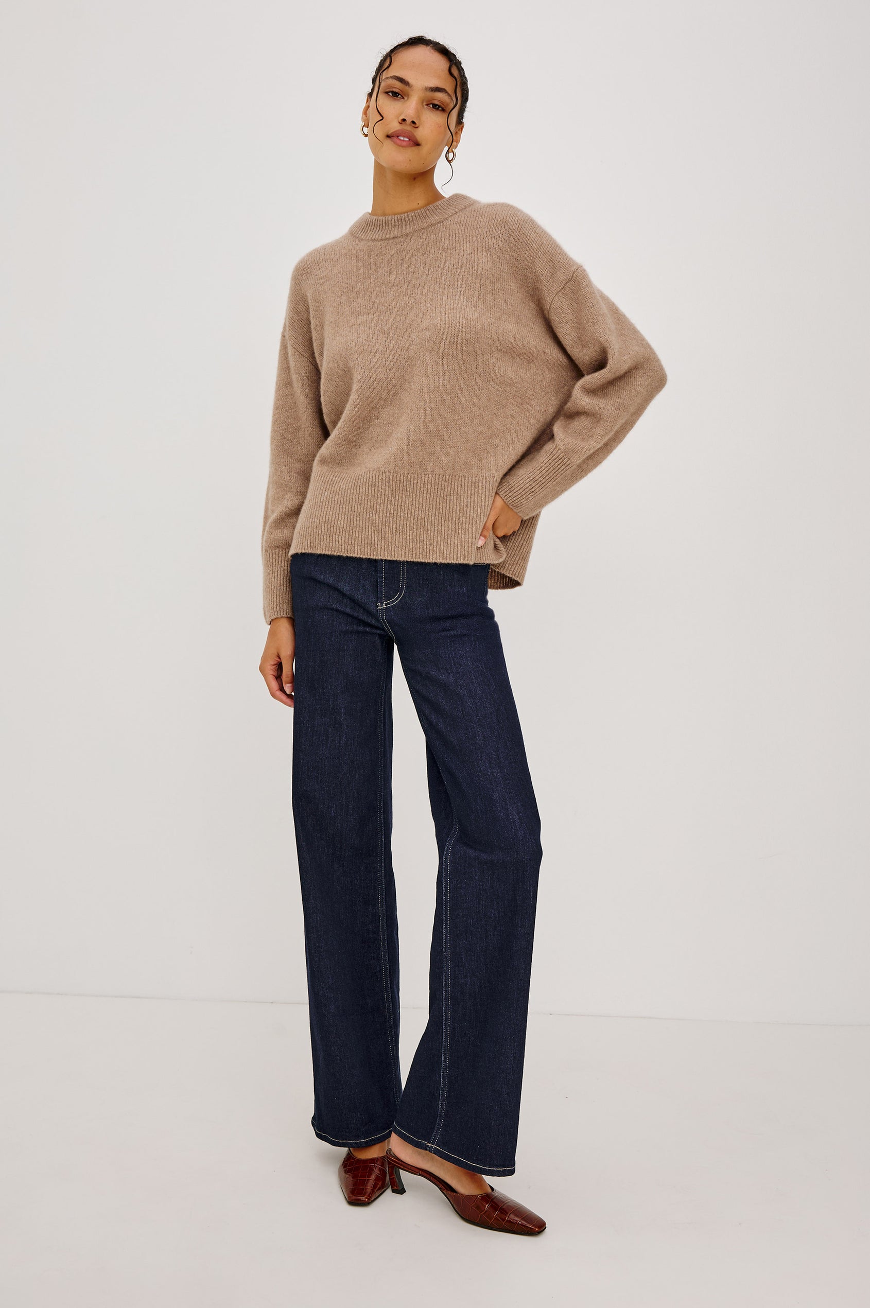 Getty Wide Leg Jean in Light Comfort-Stretch Denim With High-Rise, 5-Pockets, and Zipper Fly in After Hours Colorway - Full body front view featured on model.