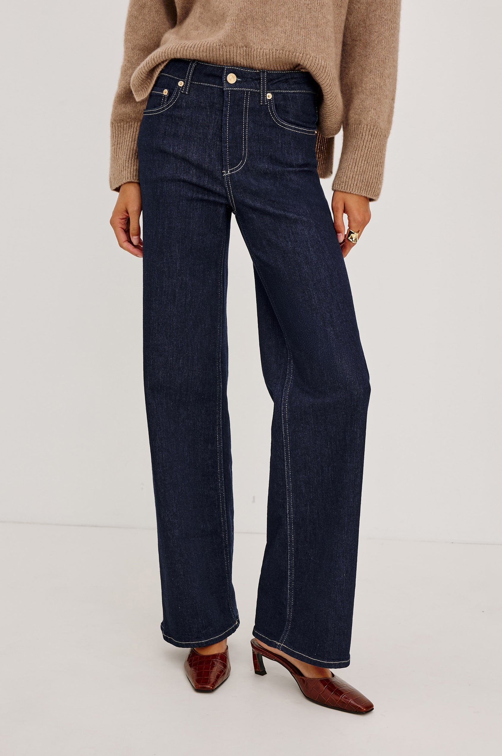 Getty Wide Leg Jean in Light Comfort-Stretch Denim With High-Rise, 5-Pockets, and Zipper Fly in After Hours Colorway - front view featured on model.