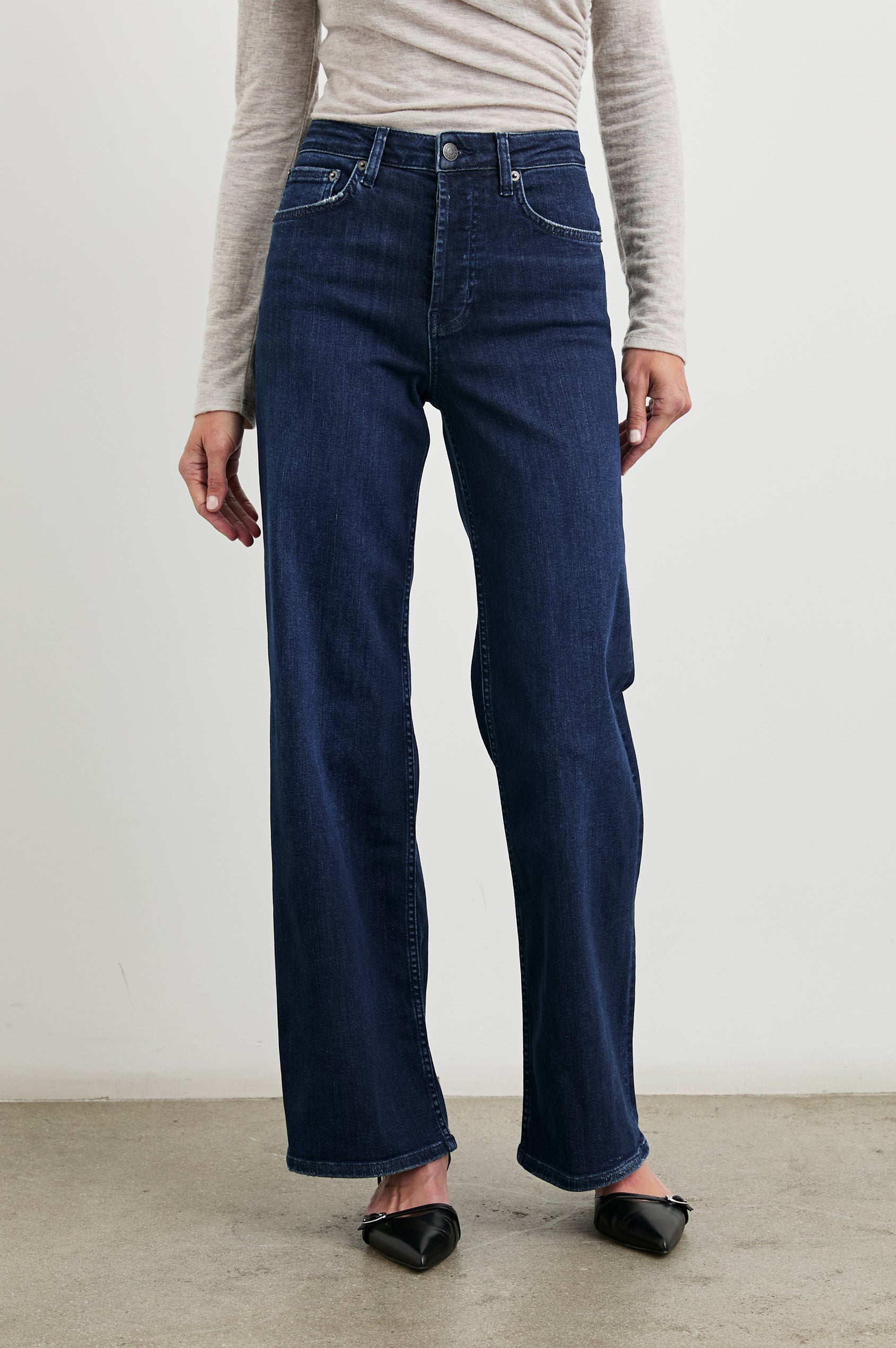Getty Wide Leg Denim Pants with Belt Loops, Two Front Pockets and Two Back Patch Pockets in After Midnight Colorway - Front View Featured on Model