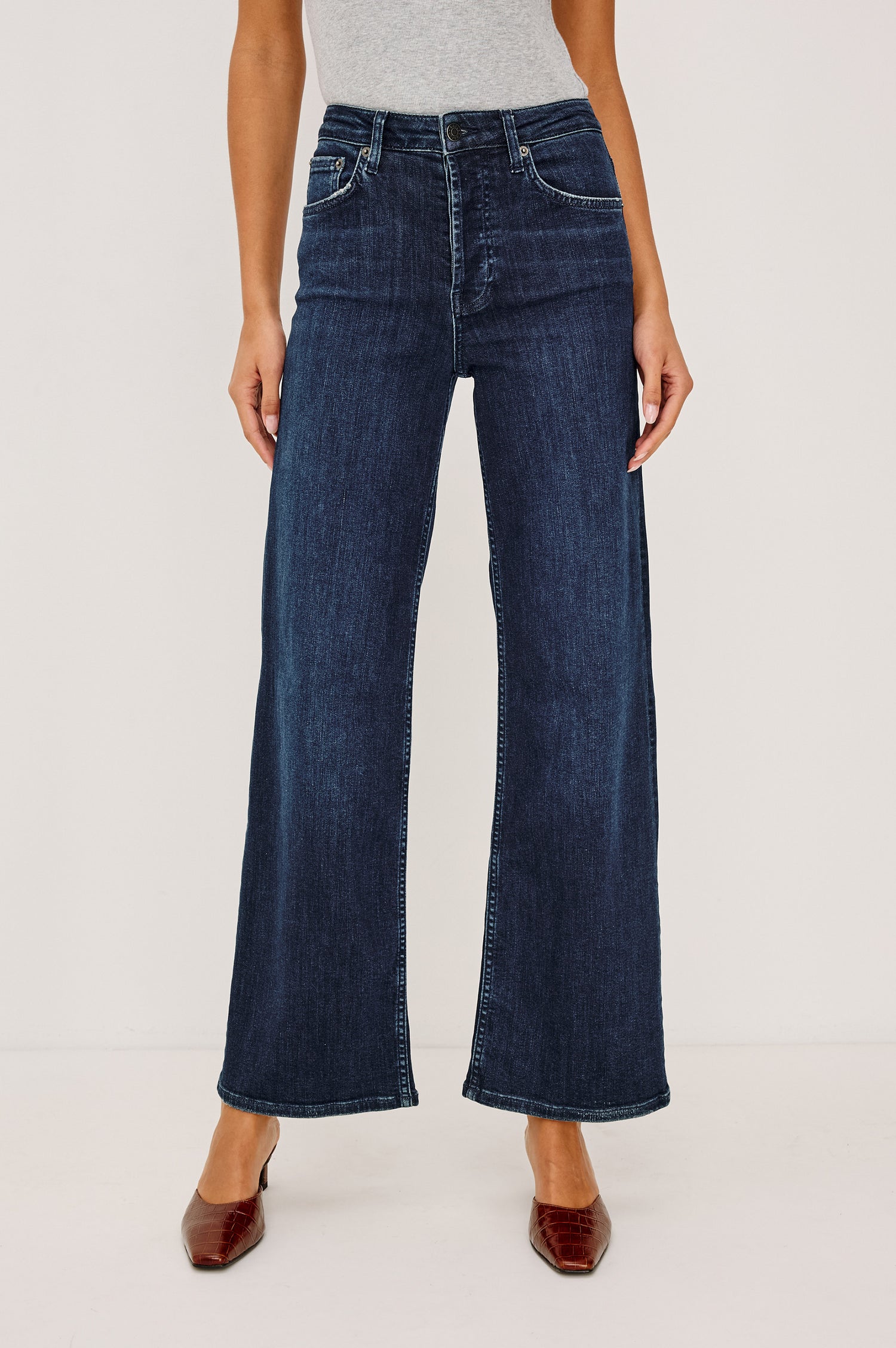 Getty Wide Leg Jean in Light Stretch Denim With High-Rise High-Waisted Fit, Button Fly, and 5-Pockets in After Midnight Colorway - Lower Body Front View Featured on Model