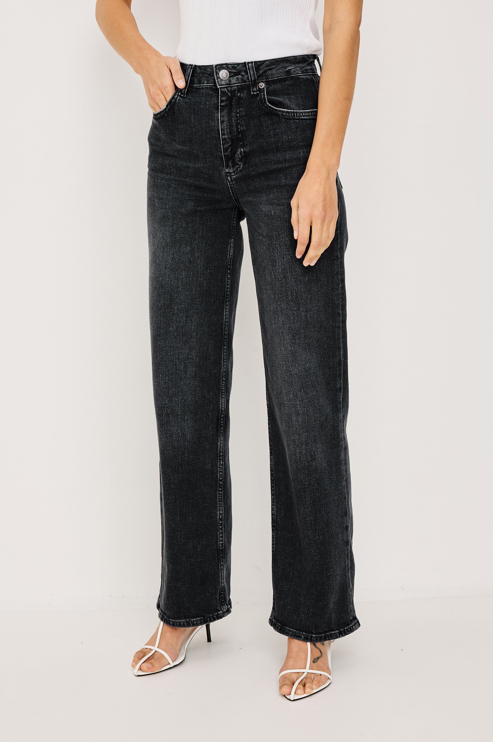 Getty Wide Leg Denim Pants with Belt Loops, Two Front Pockets and Two Back Patch Pockets in Black Pearl Colorway - Front View Featured on Model