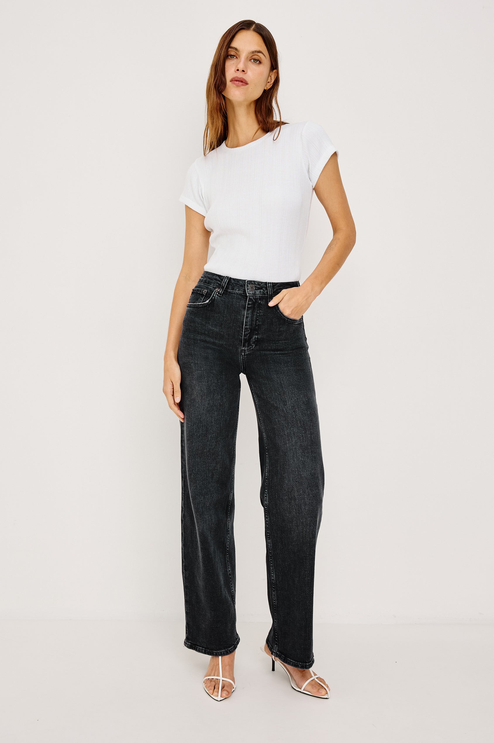 Getty Wide Leg Jean in Dark Wash Denim With High-Rise High-Waisted Fit, Front Button Fly, 5-Pocket Styling in Black Pearl Colorway - Full Body Front View Featured on Model
