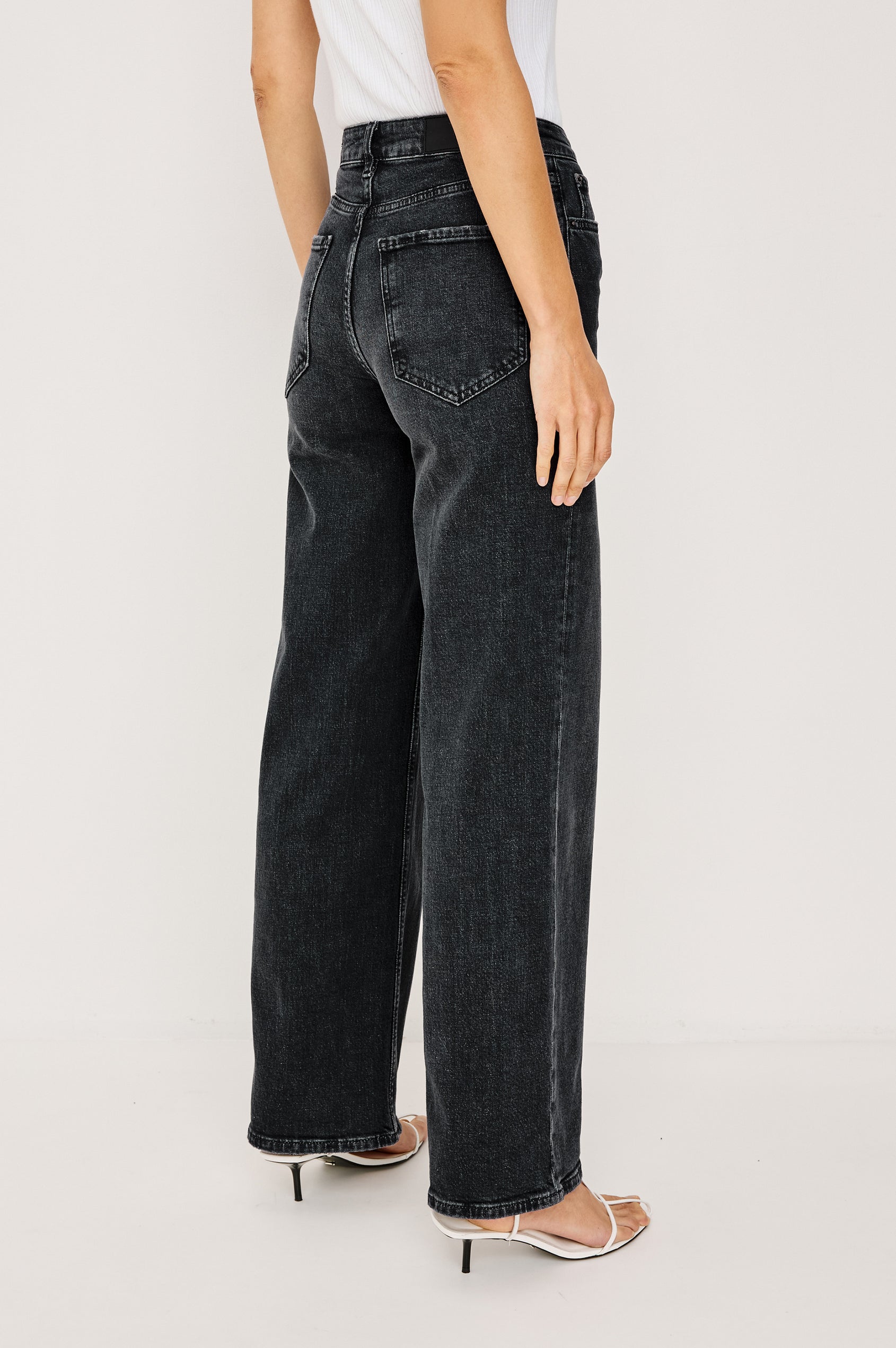 Getty Wide Leg Denim Pants with Belt Loops, Two Front Pockets and Two Back Patch Pockets in Black Pearl Colorway - Back View Featured on Model