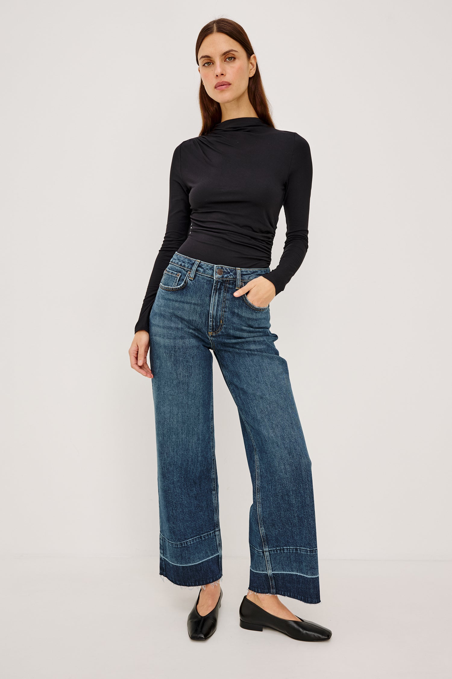 Getty Crop Wide Leg Jean in Rigid Denim With High-Rise, Wide Legs, and Cropped Inseam in Creekside Colorway - Full Body Front View Featured on Model