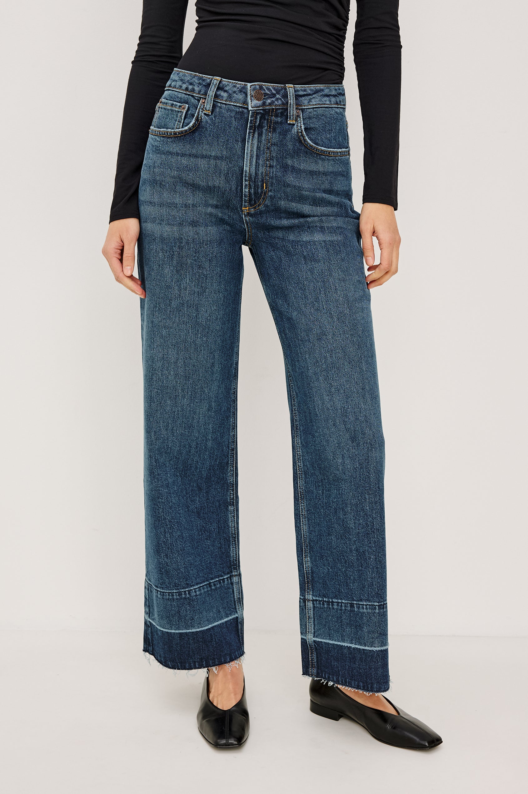 Getty Crop Wide Leg Jean in Rigid Denim With High-Rise, Wide Legs, and Cropped Inseam in Creekside Colorway - Lower Body Front View Featured on Model